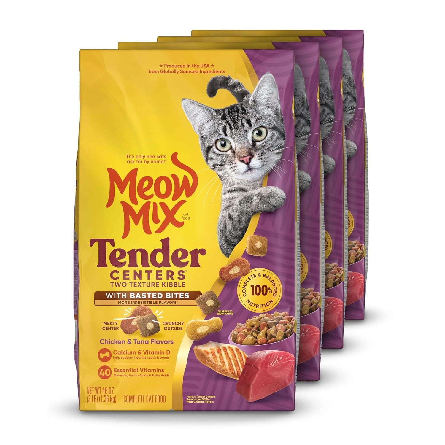Meow Mix Tender Centers, Dry Cat Food, Chicken & Tuna Flavors, 4 Bags | 3-lb bags, two texture kibble, meaty center surrounded by a crunchy outer layer, basted bites for irresistible flavor
