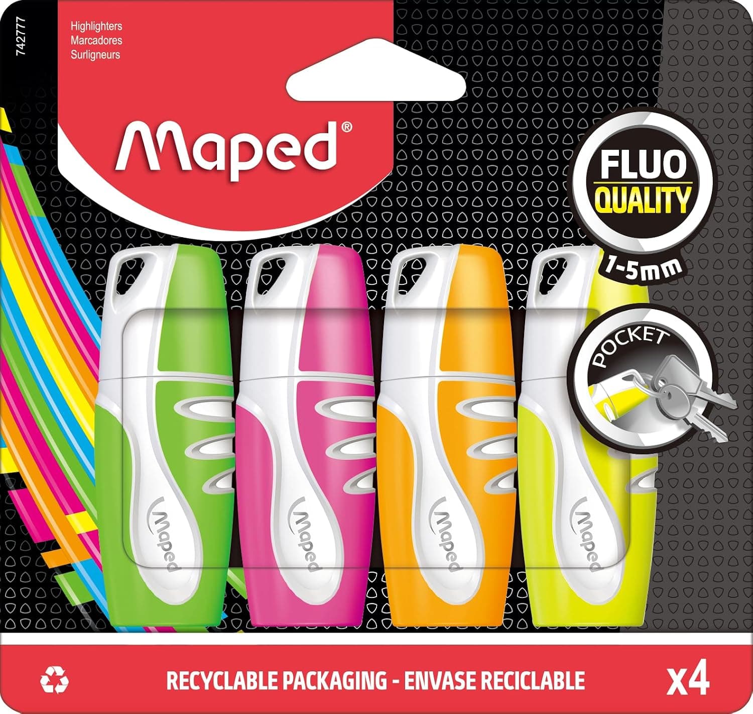 Maped Fluo Peps Mini Highlighter, Assorted Colors, Pack Of 4 (742777)
