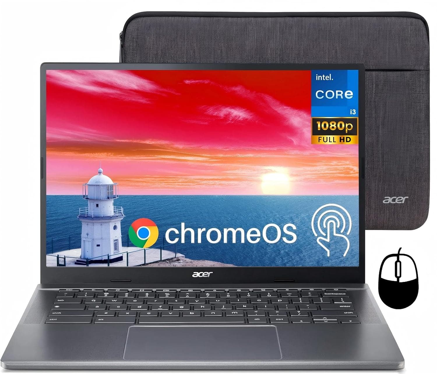 acer Chromebook Plus 514 Touchscreen Laptop, Intel 8-Core i3-N305, 8 GB LPDDR5 RAM, 512 GB SSD, 14 Inch FHD Business Laptop, Wi-Fi 6E, 1080P Webcam, SD Card Reader, Chrome OS+Designed Accessories