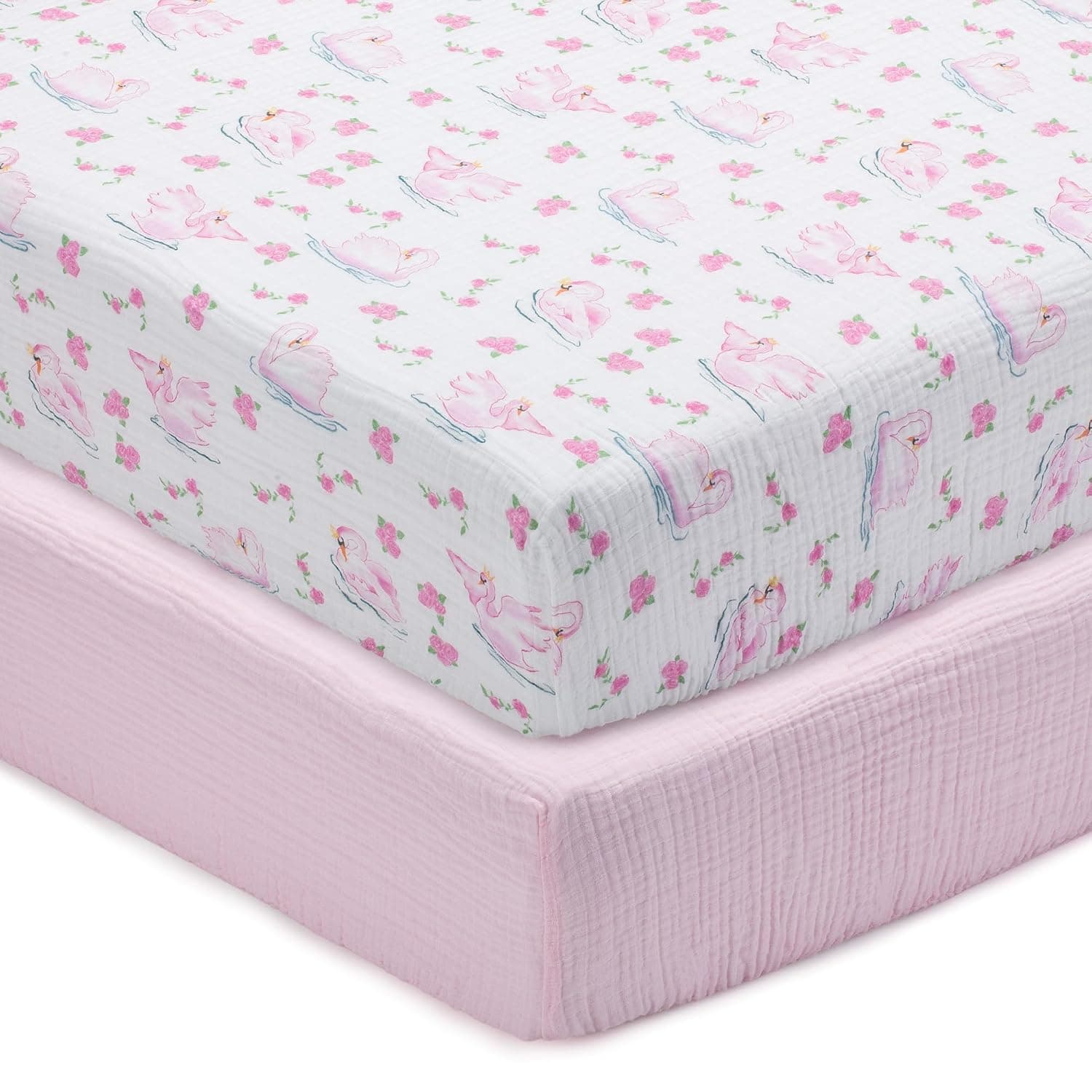 LollyBanks Baby Girl Crib Sheets 2 Pack, 100% Muslin Cotton Soft and Breathable Baby Crib Sheets, Snug Fitted Sheet for Standard 52"x28" Mattress, Baby Nursery Essentials (Swan and Solid Pink)