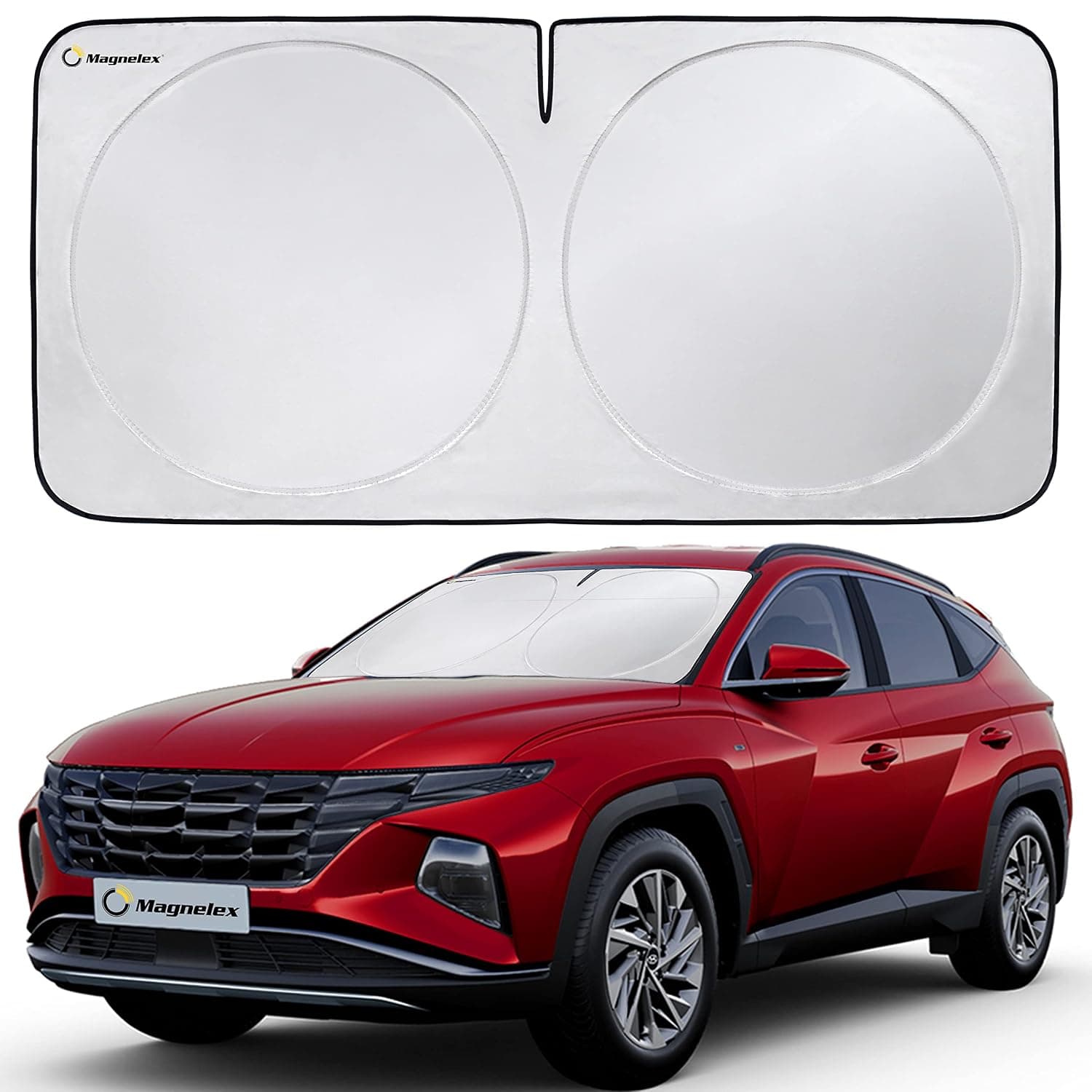 Magnelex Car Windshield Sun Shade with Storage Pouch. Reflective 240T Material Car Sun Visor with Mirror Cut-Out for Car, Truck, Van or SUV. Foldable Sun Shield for Sun Heat and UV Protection (Large)