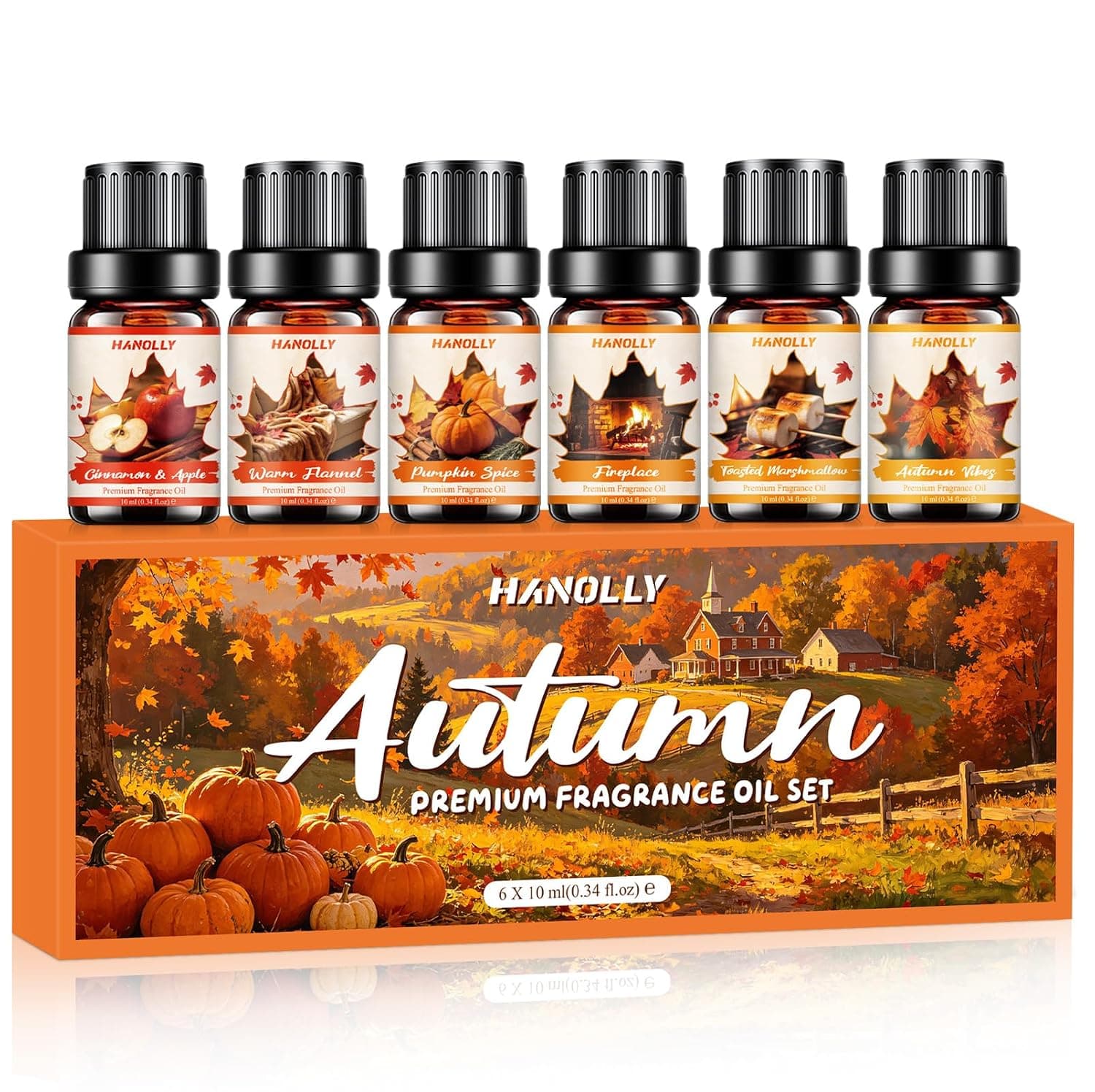 Hanolly Autumn Essential Oils, 6 x 10 ml Essential Oils Set, Fragrance Oils for Diffuser, Soap Making, Warm Flannel, Roasted Marshmallows, Pumpkin Spice, Cinnamon & Apple, Fireplace, Autumn Mood