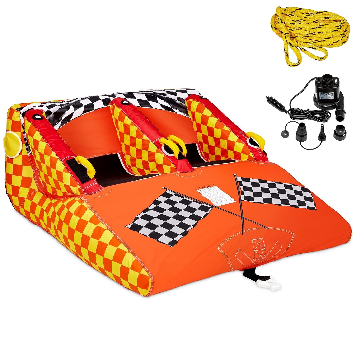 Towable Water Tube | 2-Person Inflatable Floating Raft for Boating with Cushion Seats, Grip Handles, Dual Tow Points & Speed Safety Valve For Fast Inflation | 12V Air Pump & Tow Rope Included