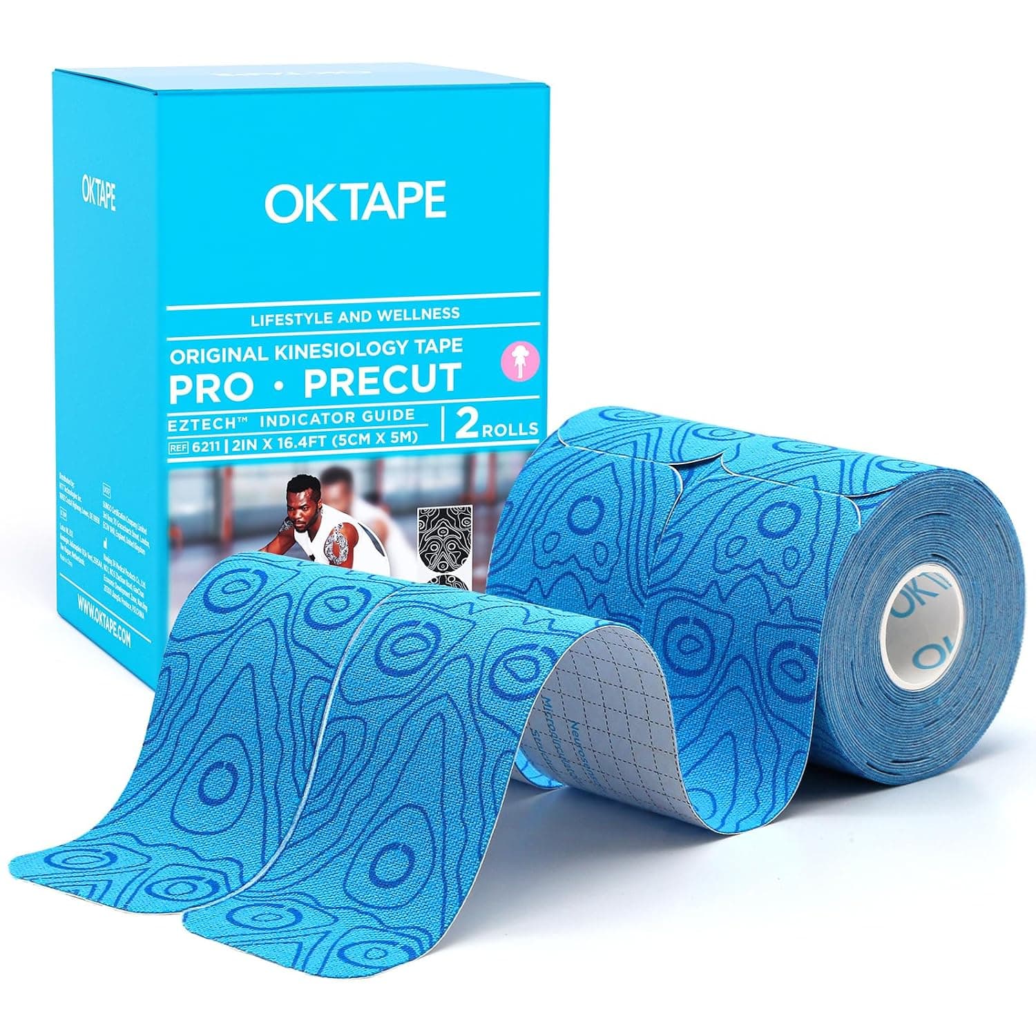 OK TAPE - PRO Original Kinesiology Tape, Pre-Cut Strips, Latex Free Sport Elastic Tape, 2" x 16' Roll (2 Rolls), Dark Blue + Light Blue