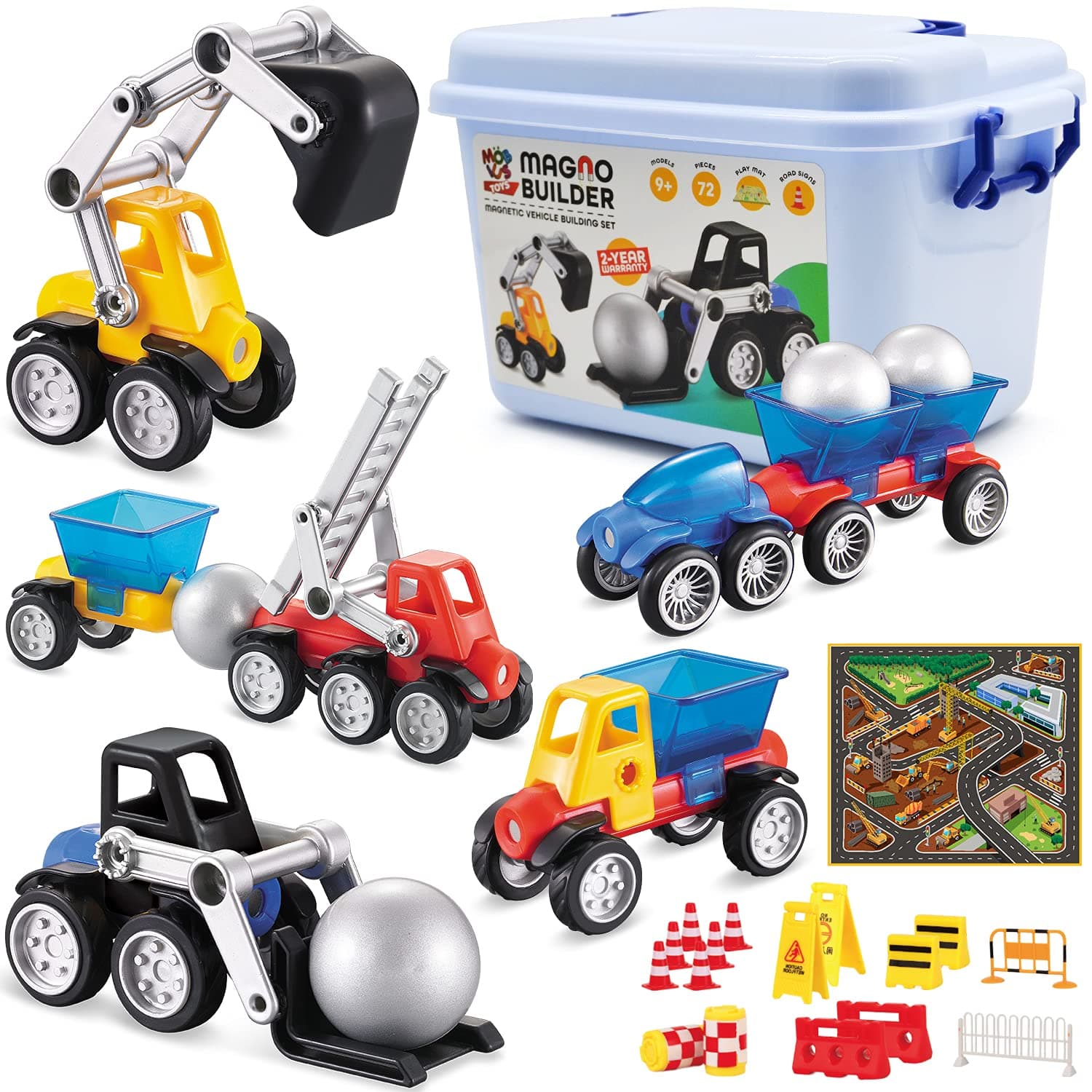 Cars Magnetic Building Blocks, New Shapes for Creating Endless Colorful Builder Trucks Including Play Mat, Selected Construction Signs Road, Montessori STEM Toy for Developing Skills for Boys & Girls