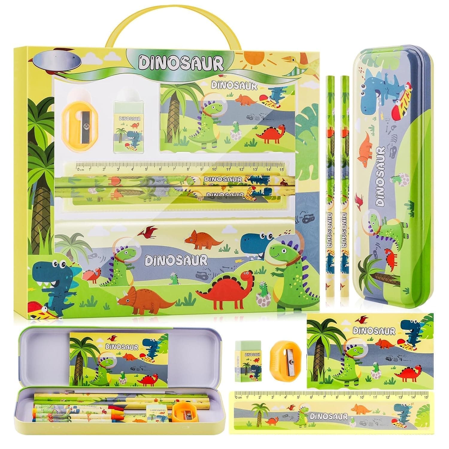 7Pcs Dinosaur Stationery Set For Girl, Kids Stationery Gifts Set, Pencil Case, Pencil, Ruler, Mini Notebook, Rubber, Sharpener, School Supplies For Kids Back To School, Christmas