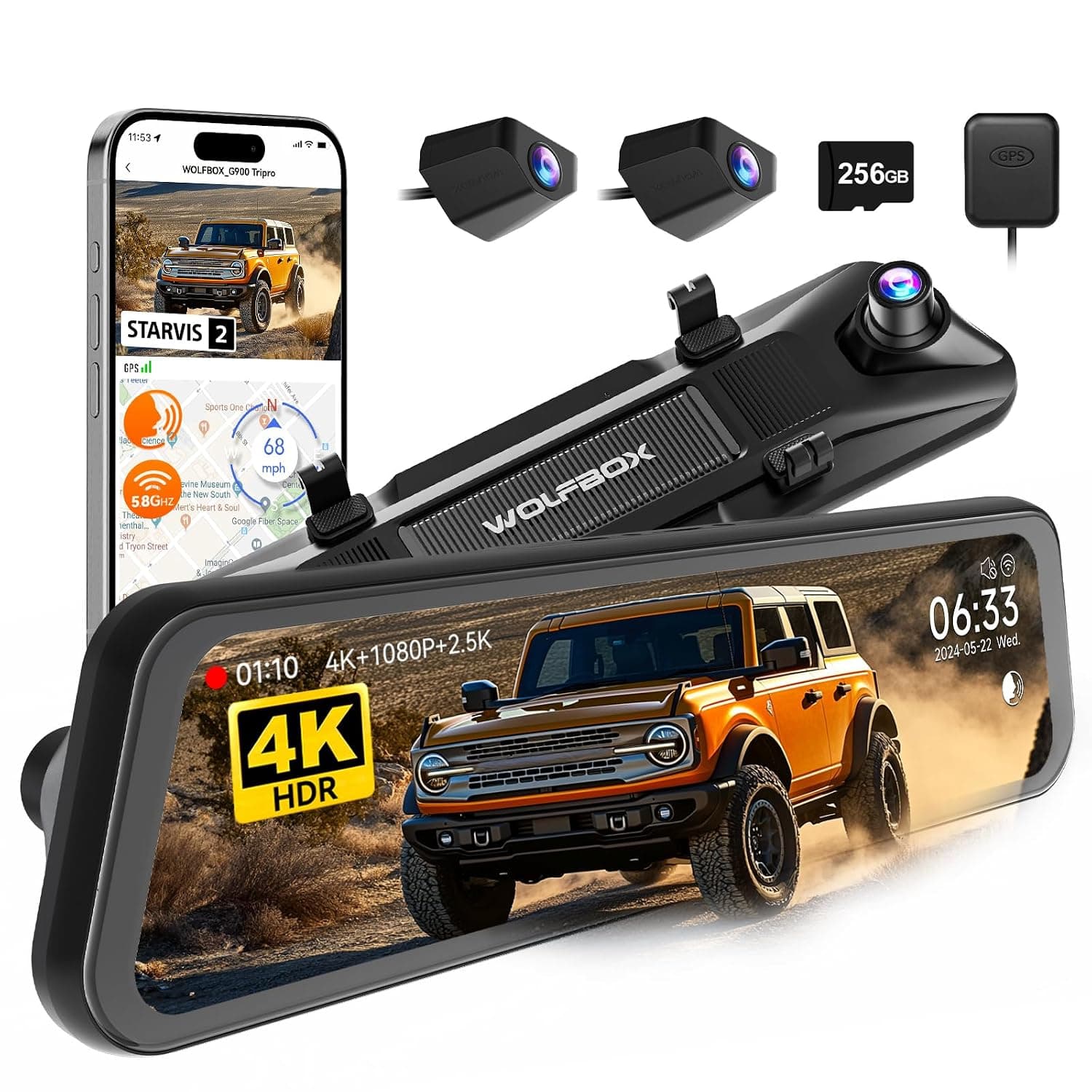 WOLFBOX G900 Tripro Bumper Version 3 Channel 4K Mirror Dash Cam, STARVIS 2 IMX678 Night Vision, 4K+2.5K+1080P Front and Rear Bumper Dash Cam, 5.8GHz WiFi, Voice Control, Includes 256GB Card & GPS