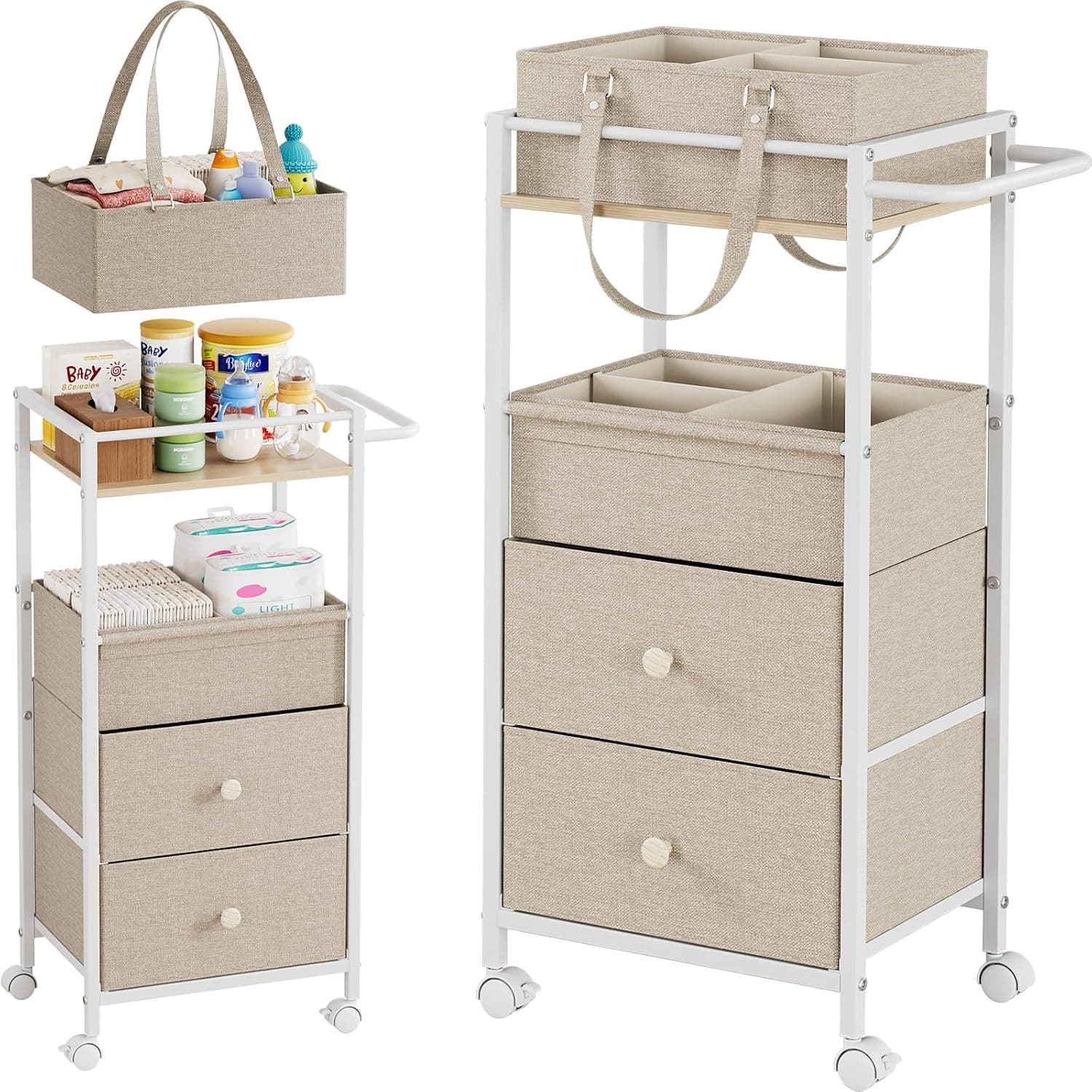 Modanais Baby Diaper Caddy Organizer Cart with Drawers - 3In1 Rolling Storage Cart with Wheels, Removable Diaper Caddy, Detachable Dividers - for Crib, Bedroom, Art & Craft Organizer (Off White) | Rolling Storage Cart, Removable Diaper Caddy, Detachable Dividers - for Crib, Bedroom, Art & Craft Organizer