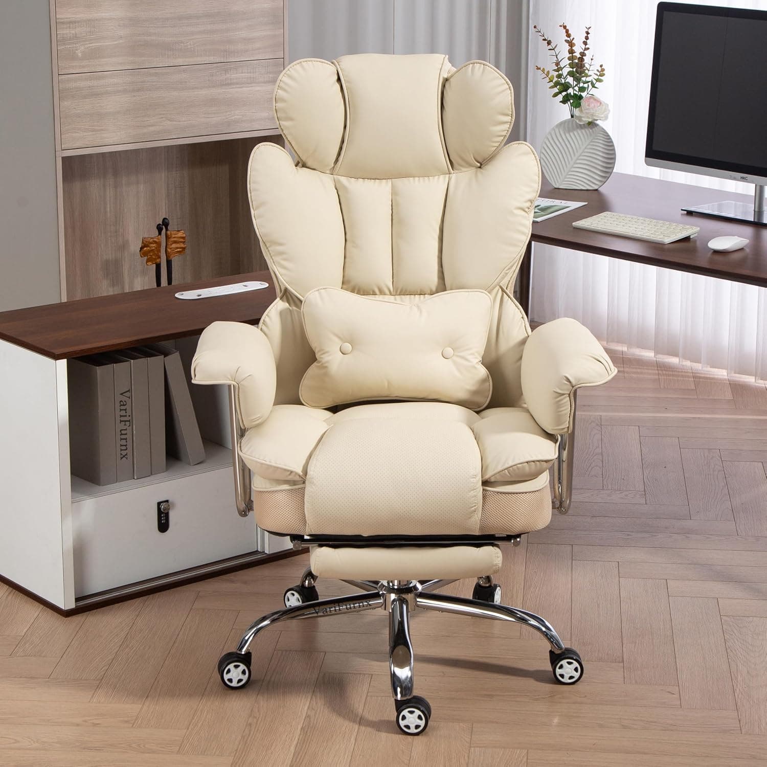 Big and Tall Executive Office Chair,Reclining Desk Chair with Lumbar Support & Leg Rest, Home Office PU Leather Computer Chair Spring Seat Silent Wheels (Beige, Fixed handrail)