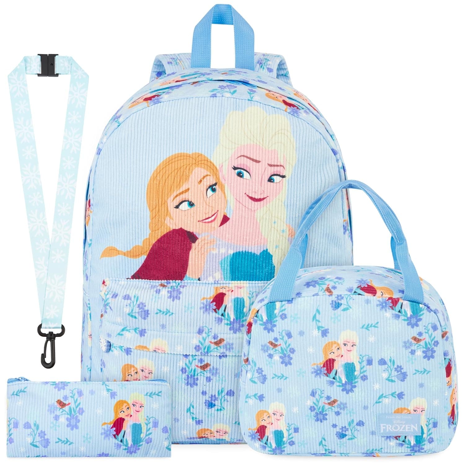 Get Trend SpongeBob | Barbie | Frozen Girls Corduroy Backpack 4 Piece Set, Blue/Multi Frozen, 4-Piece Set, Frozen 4-piece Backpack Set | 17 inch Bookbag with Laptop Pocket, Insulated Lunch Bag, Pencil Case & Lanyard, Back to School Gifts for Girls