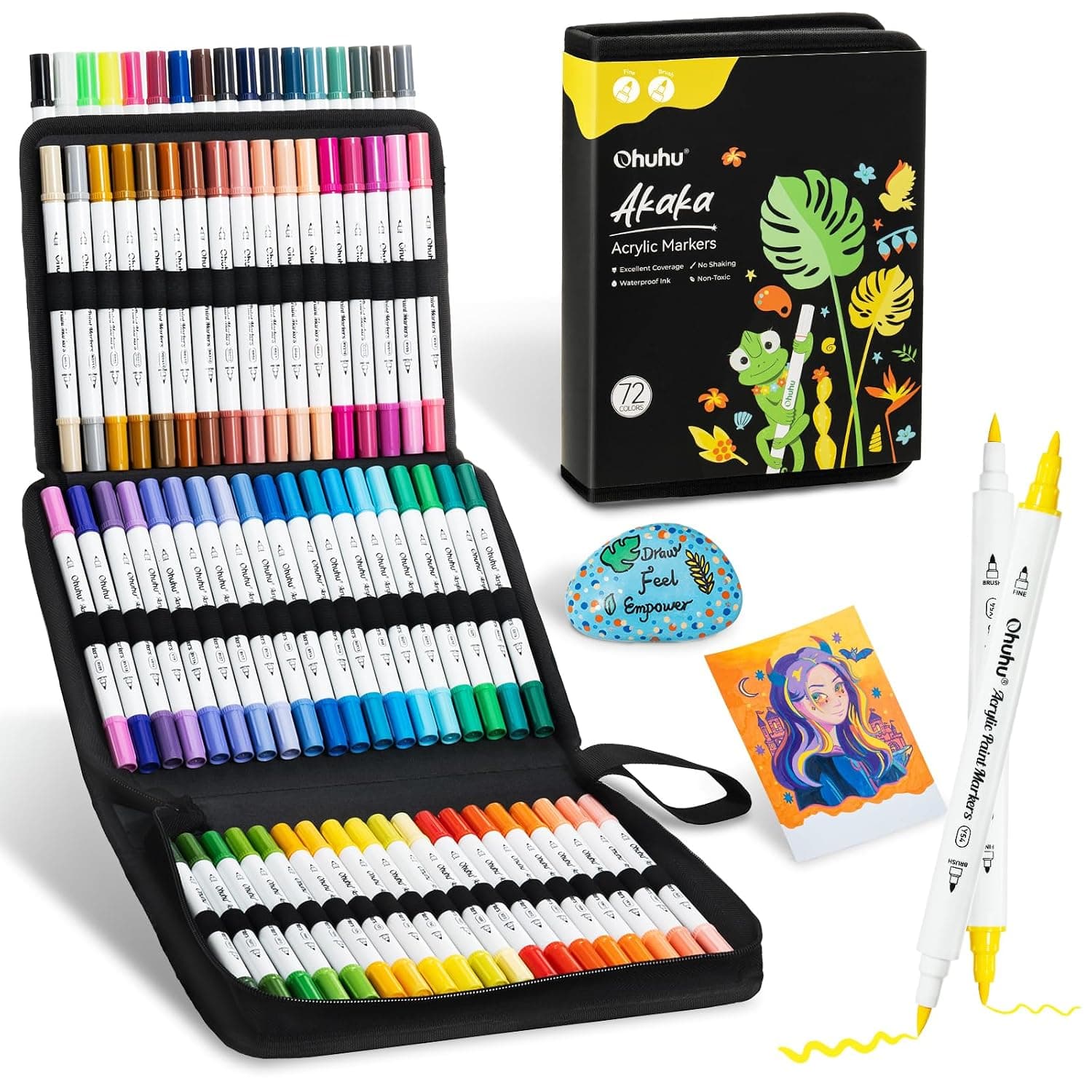 Ohuhu Acrylic Paint Markers 72 Colors Brush & Fine Acrylic Markers - Akaka | High Opacity Dual Tips Acrylic Paint Pens Water-Resistant for Rock Painting 3D Prints Egg Wood Glass Ceramic DIY Crafts