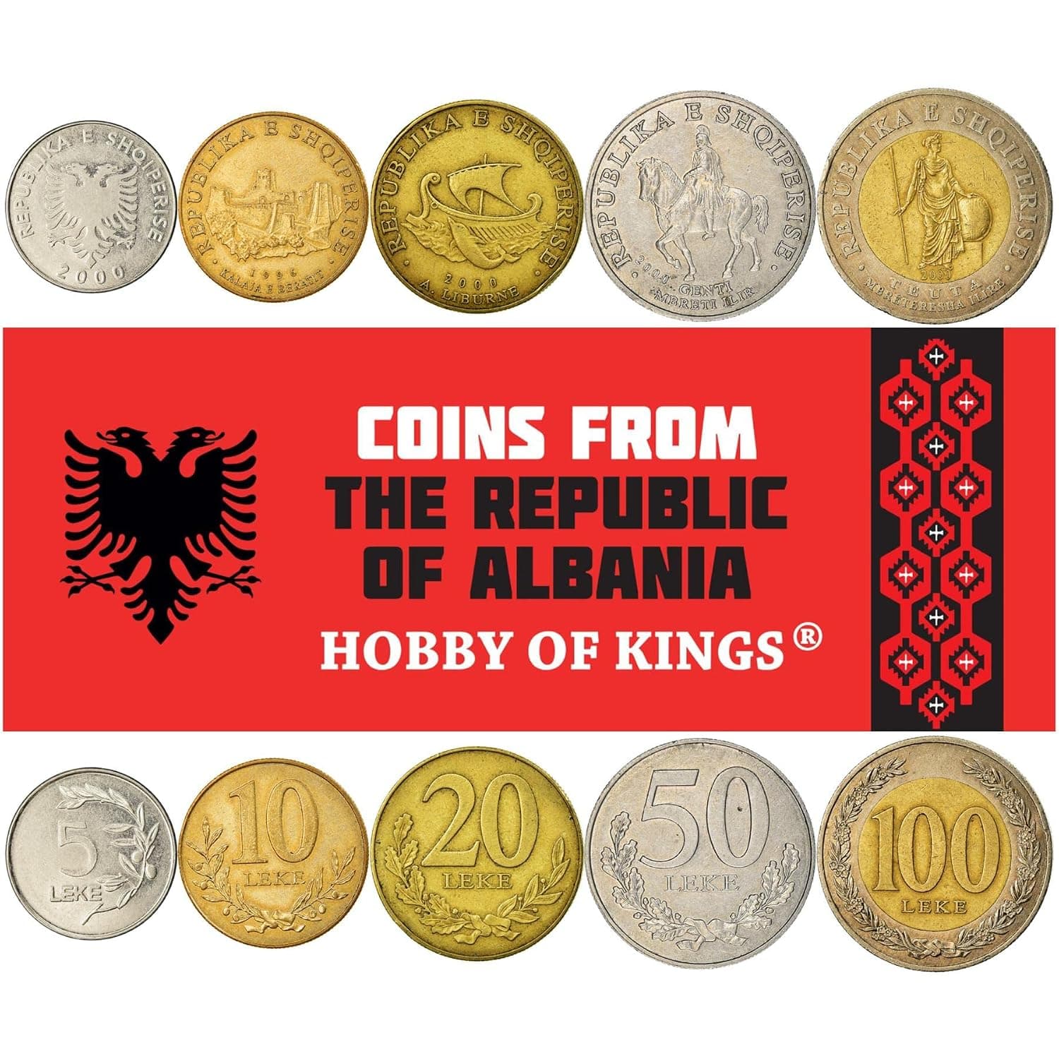 5 Coins from Albania | Albanian Coin Set Collection 5 10 20 50 100 Leke | Circulated 1995-2020 | Teuta | Genthios | Eagle | Dolphin | Berat | Olive | Liburn