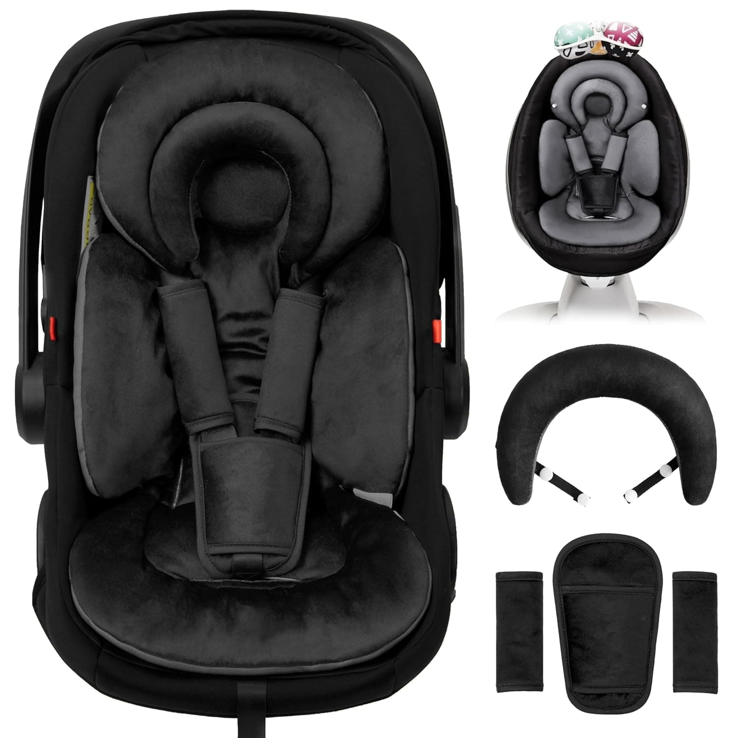 TinlyFinly Infant Car Seat Insert with Removable Cushion for Preemie to Toddler, Reversible Newborn Carseat Insert for Baby Head Body Support, Fits for Stroller, Baby Swing, Bouncer (Pure Black)