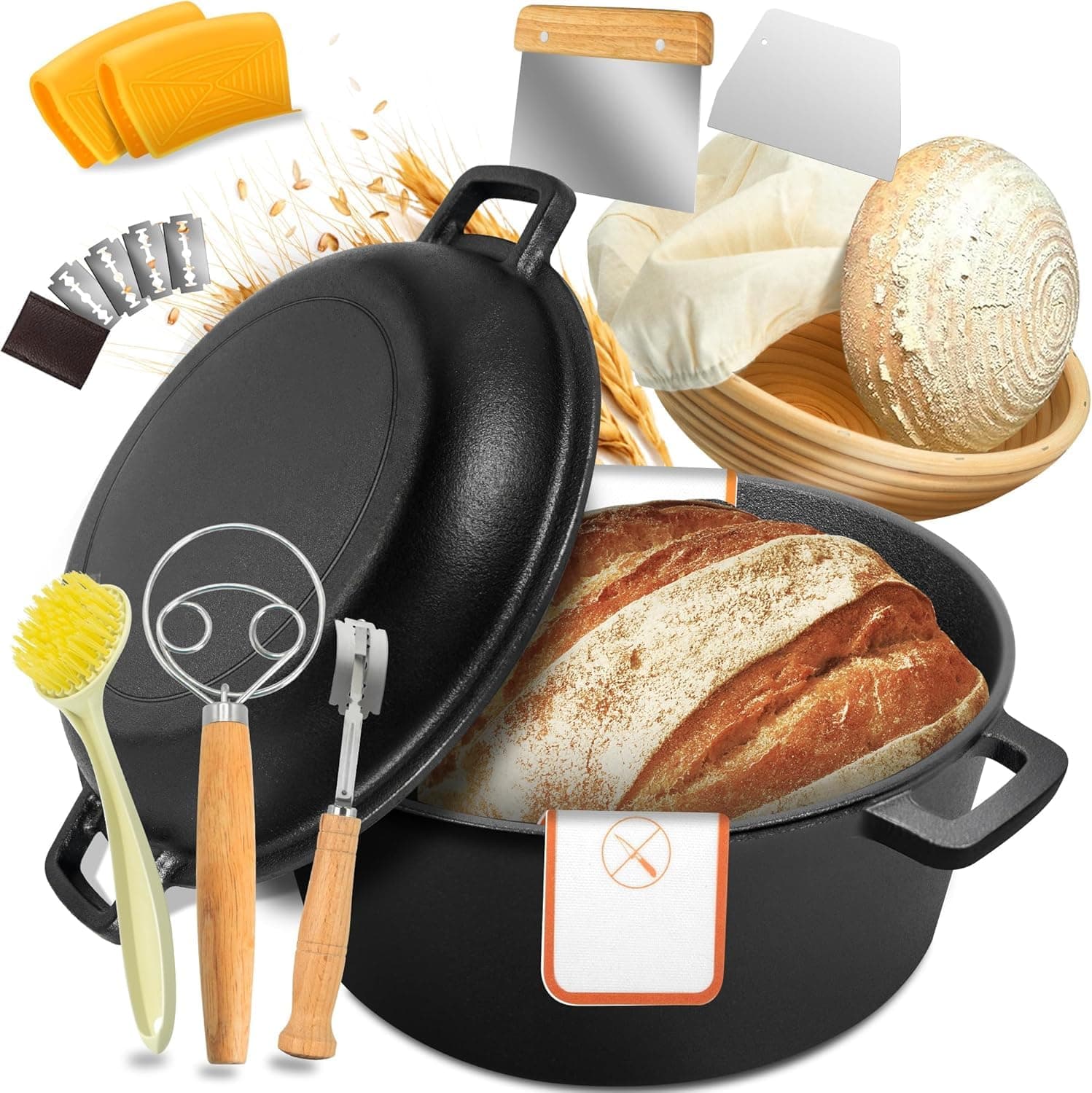 Dutch Oven Cast Iron Pot for Bread Baking, 5QT Pre-Seasoned Pot with Skillet Lid & Sourdough Kit, Versatile for Frying, Braising, BBQ (Black)