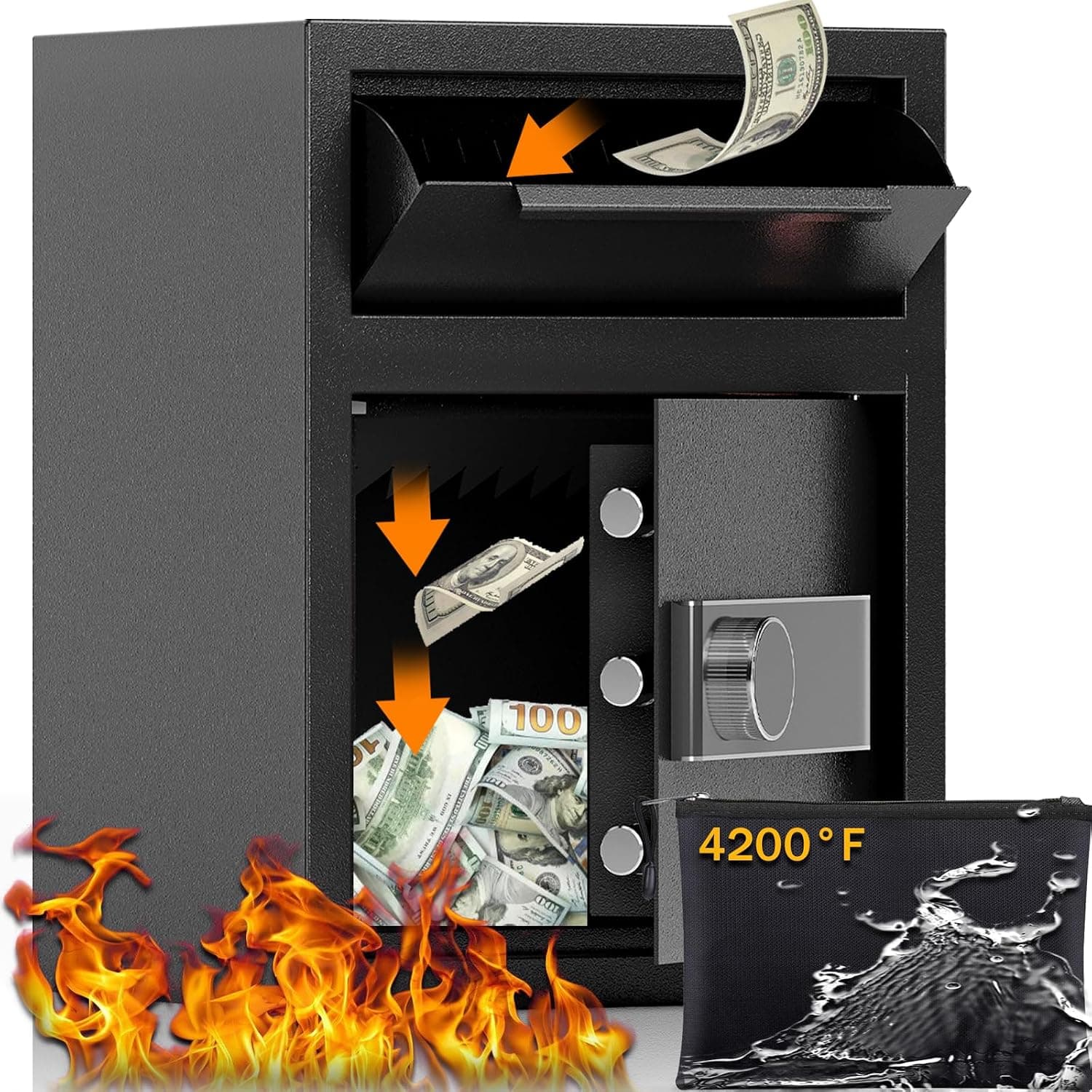 1.8 CUB Depository Drop Safe Fireproof, Front Drop Slot Lock Box with Digital Combination and Anti-Fishing, Silent Deposit Safe Box, Security Money Safe for Cash Slips Expense Business Office Home | Fireproof Bag, Backlit Digital+Anti-Fishing, Alarm/Silent, Deposit Money Safe Box for Cash Slips, Small Business Office Home