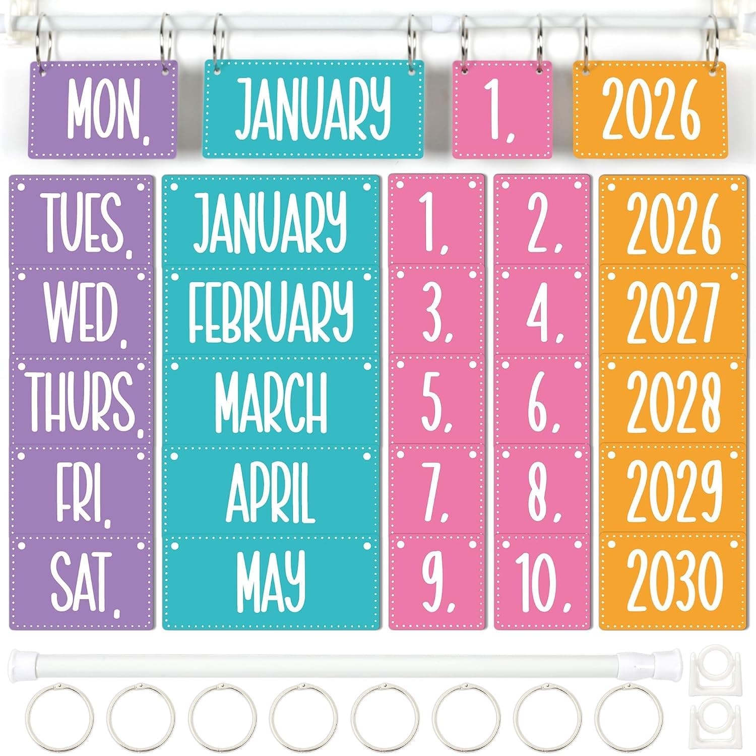 Rainbow Flip Calendar for Classroom Decor Bulletin Board 2026 to 2030 Years Date Cards and Adjustable Rod Colorful Calendar Chart Class Whiteboard for Home Elementary School Teacher Organization