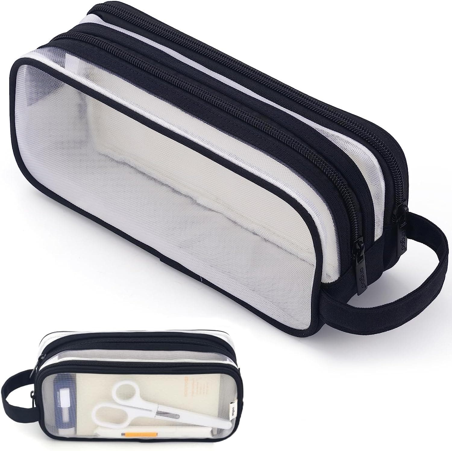 Large Grid Mesh Pencil Case 2 Compartment Pen Bag Clear Handheld Multifunction Pencil Pouch Transparent Makeup Bag for Teen Student College Business Travel Office Adult Black