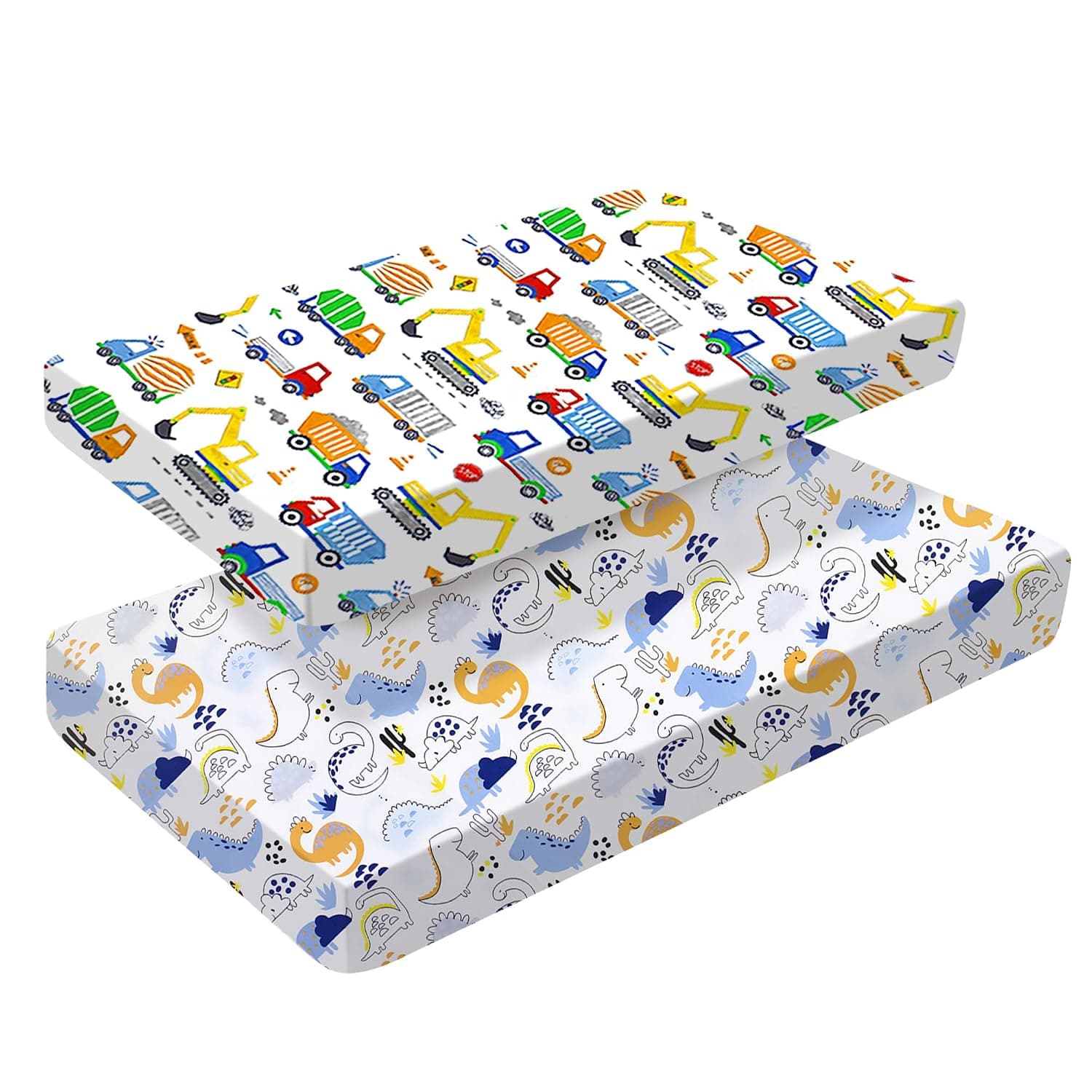 2 Pack Cot Bed Fitted Sheets 140 x 70cm for Girl Boys | Bedding For Cot bed | Easy Care Soft Cotton and Dureable, Unique Car & Dinosaur Pattern Baby Crib Sheets