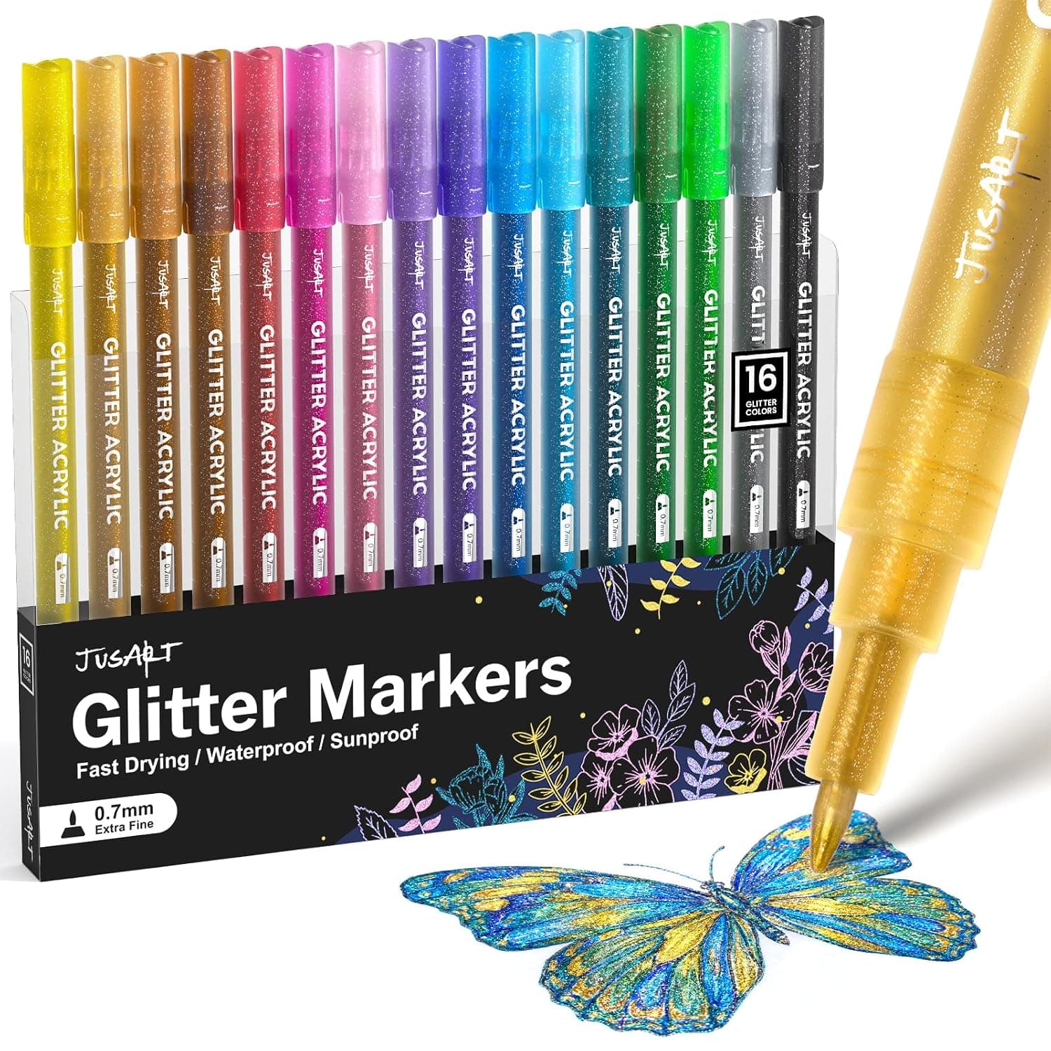 16 Colors Acrylic Glitter Markers Pen, Glitter Paint Pens, 0.7mm Fine Point Tip Metallic Shimmer Marker, Kids Adults DIY Crafts Making, Greeting Birthday Cards Present, Drawing, Scrapbooking Supplies