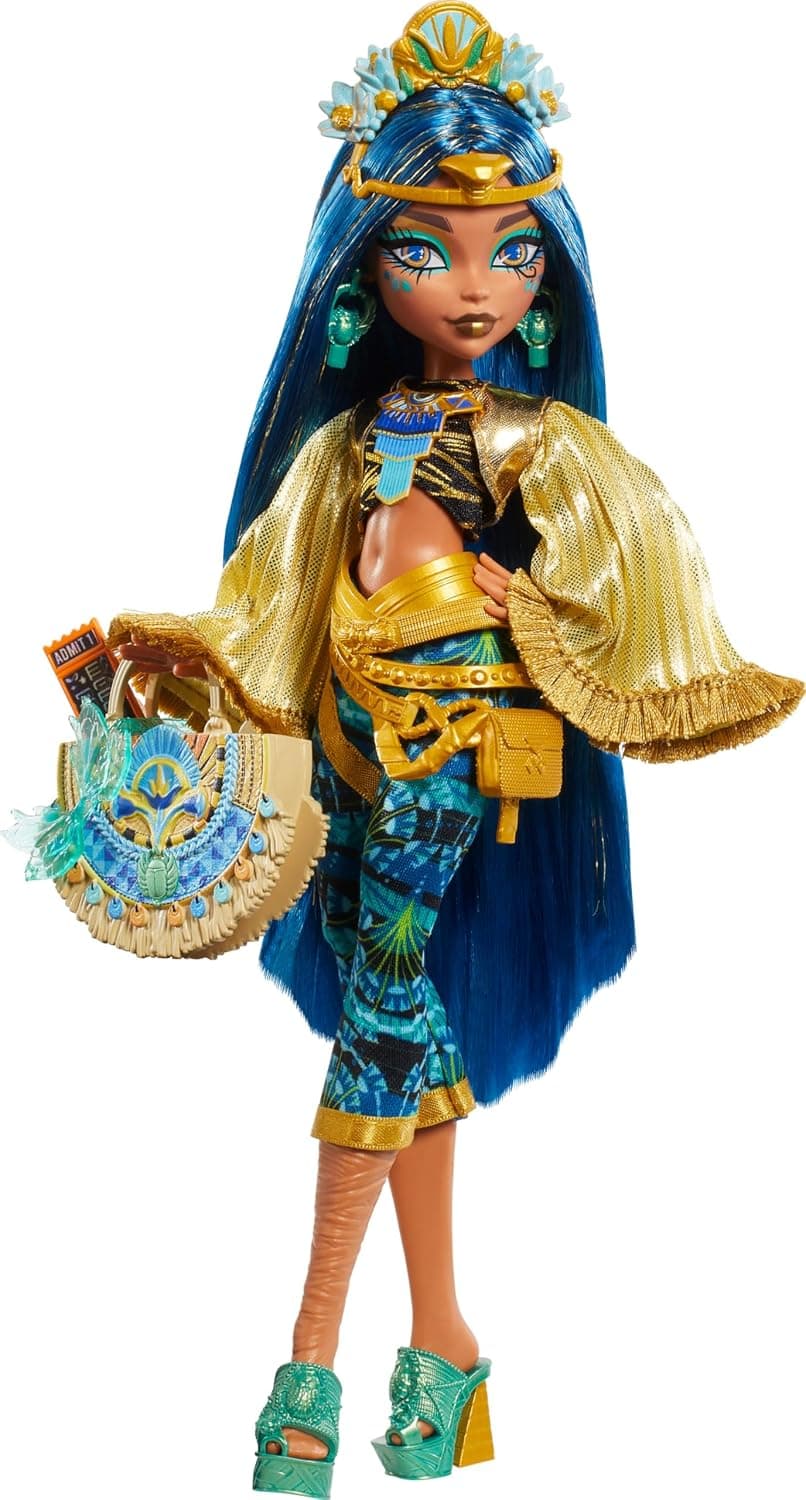 Monster High Cleo De Nile Doll with Glam Monster Fest Outfit and Festival Themed Accessories Like Snacks, Band Poster, Statement Bag and More