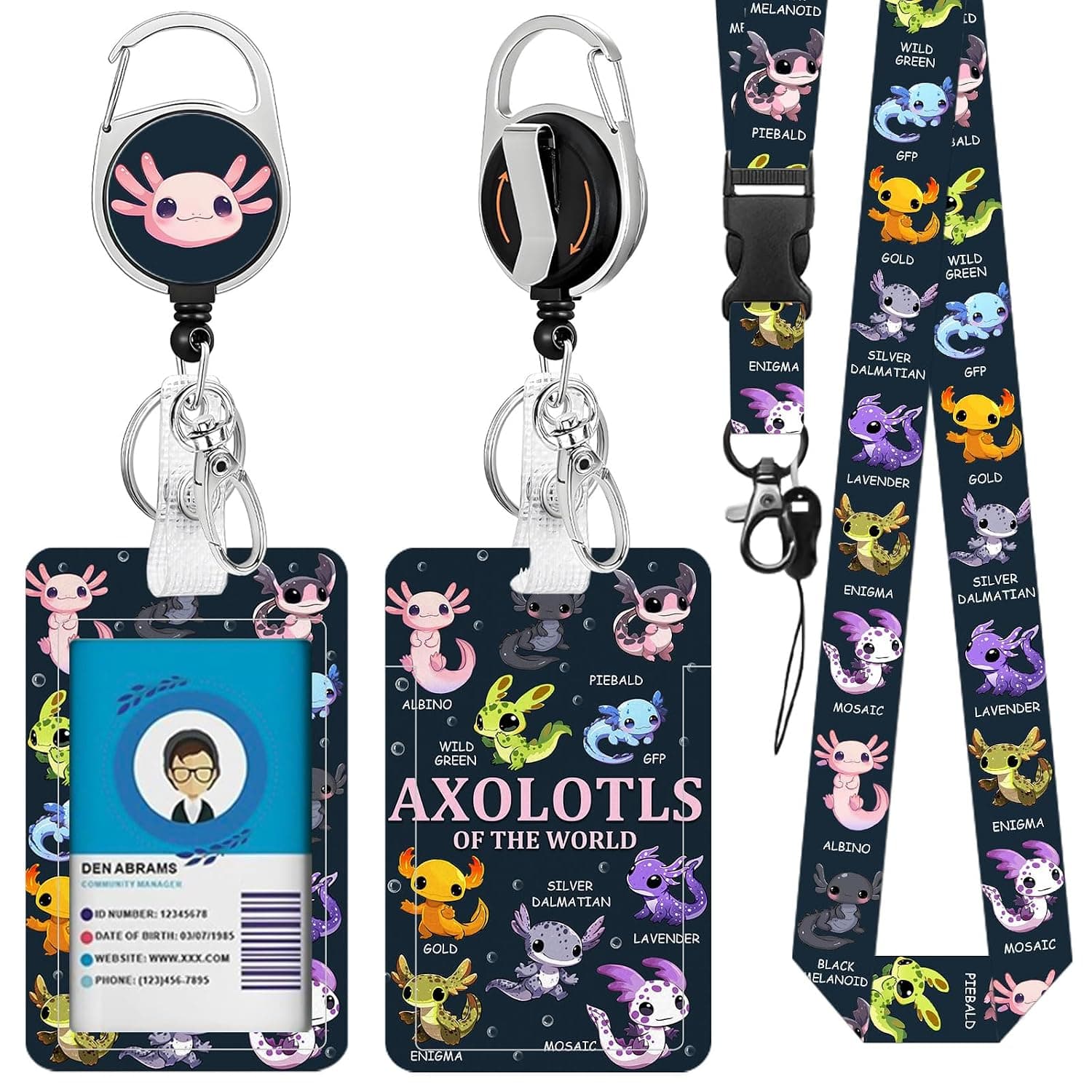 Axolotl ID Badge Holder with Lanyards, Cute Lanyards with Retractable Reel Clip and Keychain, Teacher Lanyard with Id Holder with Name Tag, Salamander Identity Card Protector for Nurse Student