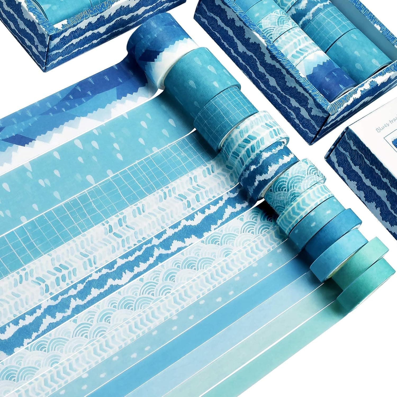 12 Rolls Blue Ocean Theme Washi Tape Set – Decorative Masking Tapes for Crafts, Scrapbooking, Bullet Journals, Planner Decoration, DIY Projects, Kids’ School Supplies, Gift Wrapping, Removable