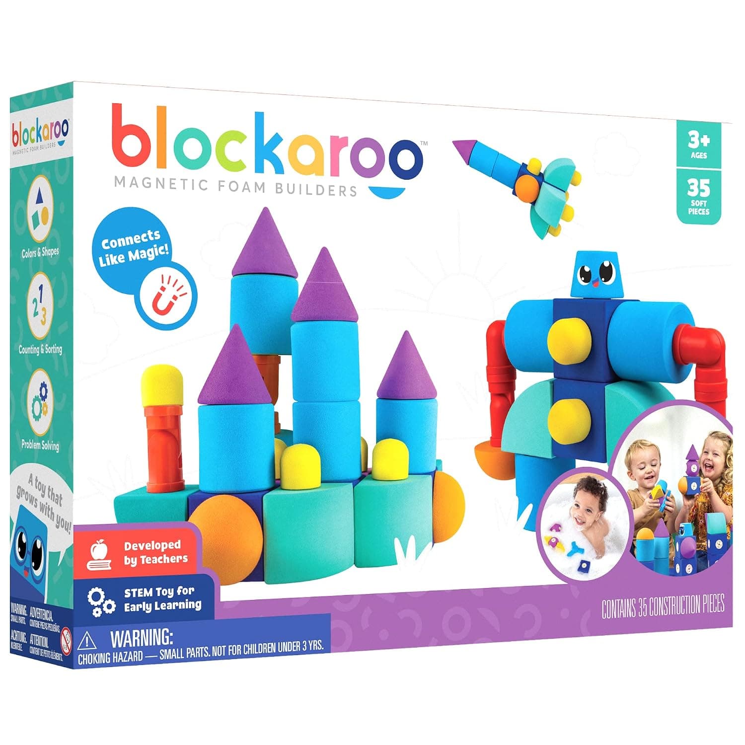 Blockaroo Magnetic Foam Blocks Large Castle, Multi color, MMBLLGCASTLE | Soft Magnetic Foam Blocks, 360-Degree Rotation, Floating Bath Toy, Sensory Play, Dishwasher Safe, STEM Building, Ages 3-5