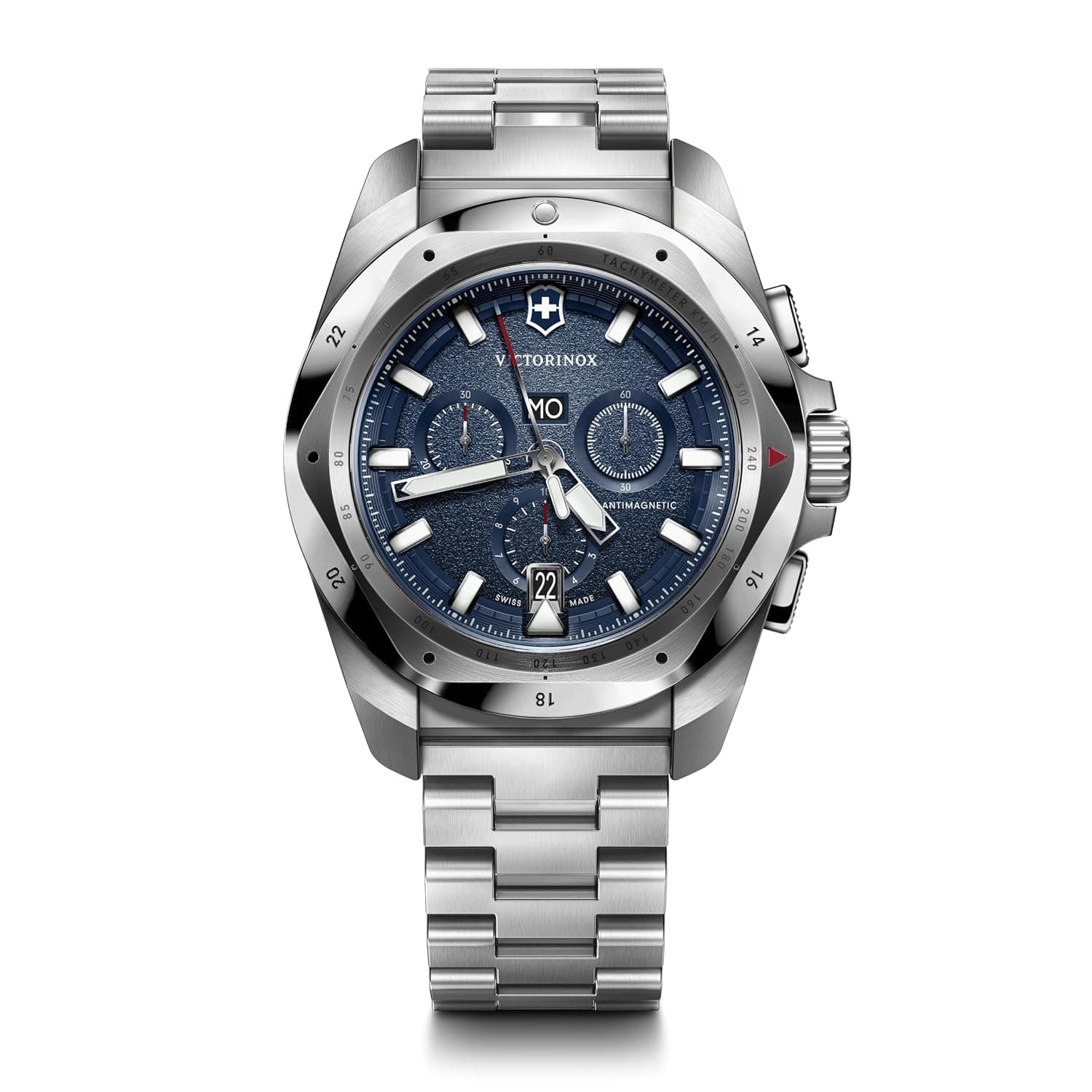 Victorinox Men’s Watch I.N.O.X. Chrono Ø 43 mm, Swiss Made, Analogue Quartz, Water-Resistant up to 200 m, Stainless Steel Strap, Silver/Blue