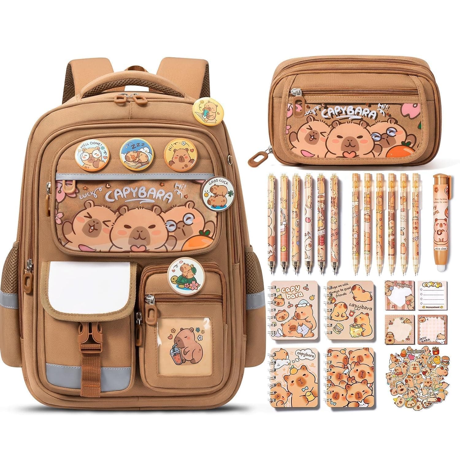 Fimibuke Kids Backpack for School Girls Boys,Toddler School Supplies, Capybara, Large | Stationery Set with Bookbag Pencil Case Pins Gel Pens Pencils Notebooks for Back to School Kindergarten Elementary Student