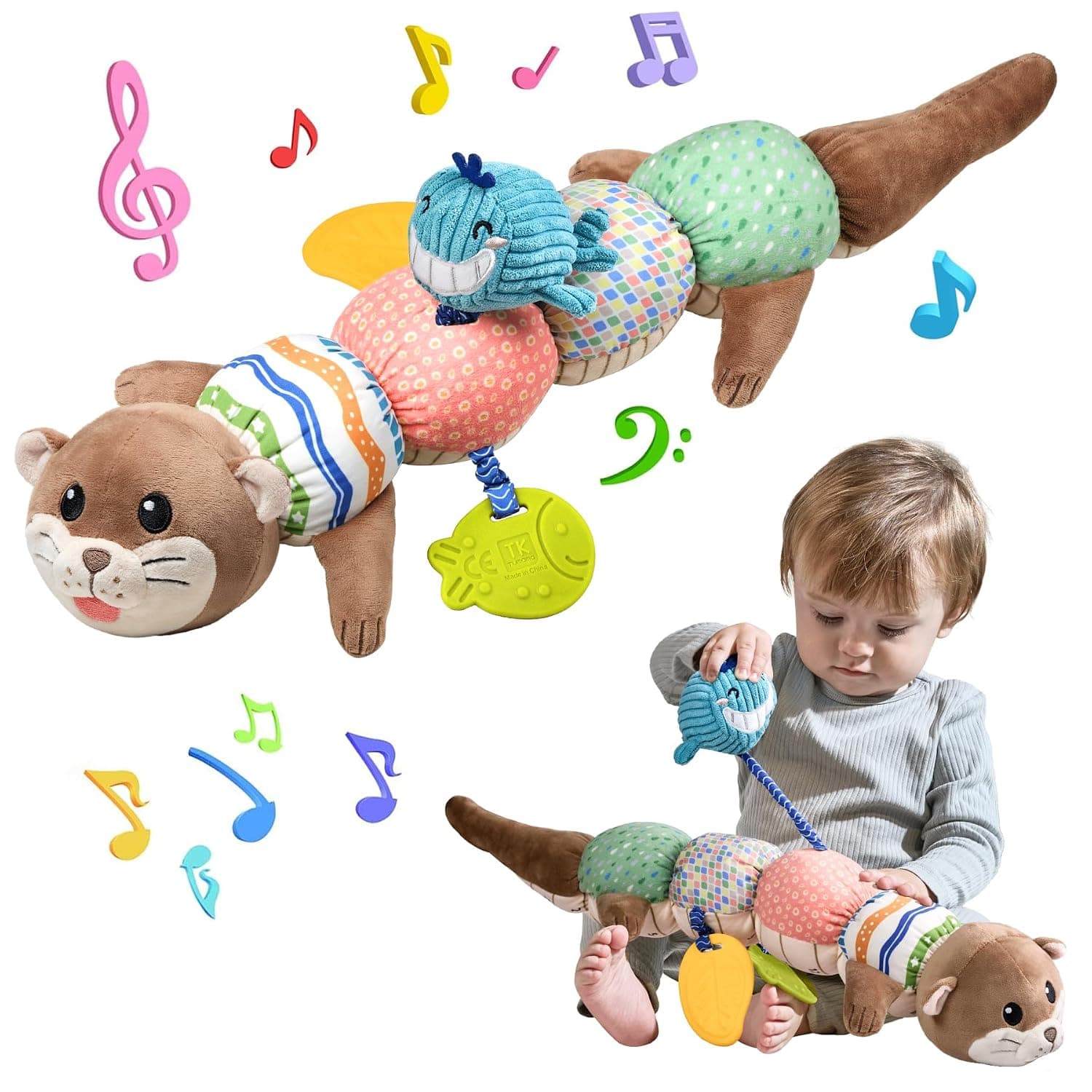TUMAMA Baby Toys 0-6 Months - Tummy Time Musical Plush Otter Toy with Crinkle Paper Rattle Soft Activity Sensory Toy for 3 4 5 6 12 Months Old Boys and Girls