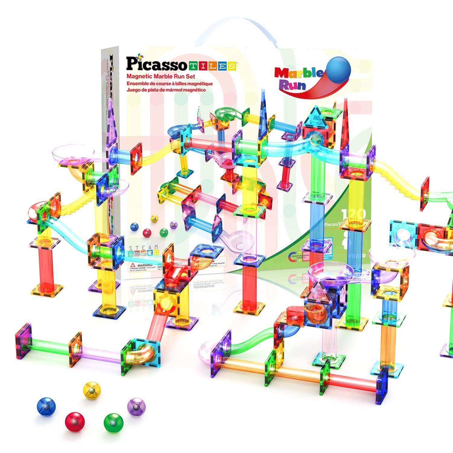 PicassoTiles Marble Run 120 Piece Magnetic Building Blocks Magnet Tile Construction Toy Playset STEM Learning Educational Block Child Brain Development Kids Toys for Boys and Girls Age 3 and Up