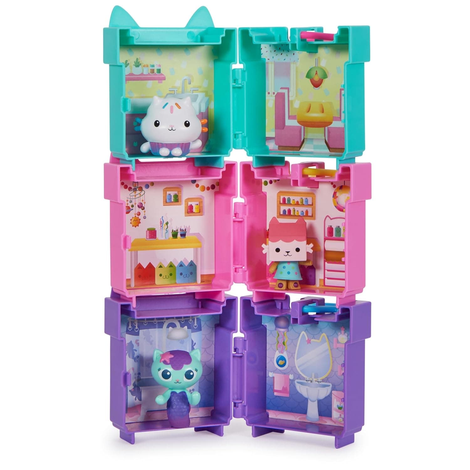 Gabby’s Dollhouse, 3 Clip-On Playsets, with Cakey, Baby Box and Mercat Toy Figures and Dollhouse Accessories, Kids Toys for Ages 3 and Up