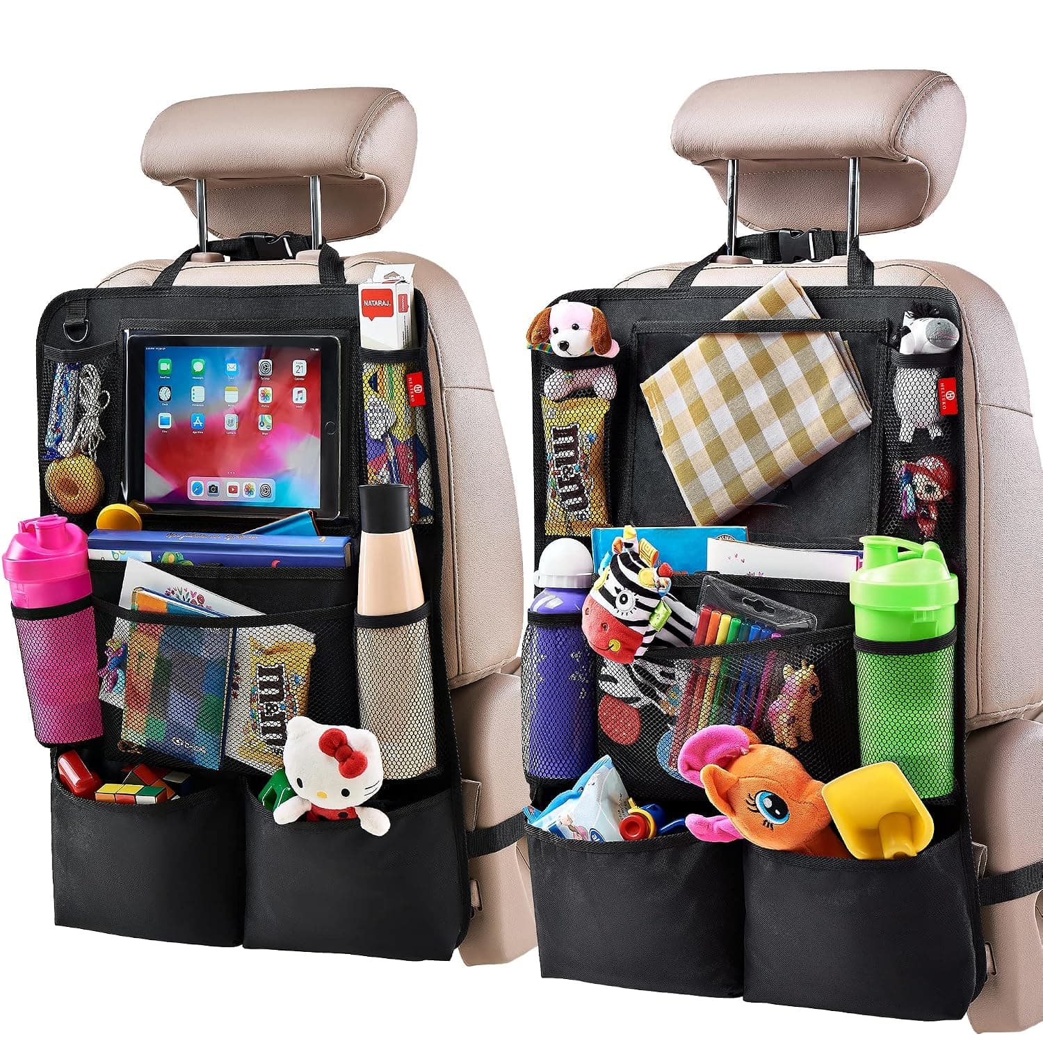 Helteko Car Seat Organiser, Kick Mats Back Seat Protector with Touch Screen Tablet Holder, Car Backseat Organiser for Kids, Car Travel Accessories, Car Organiser with 9 Storage Pockets, 2 Pcs