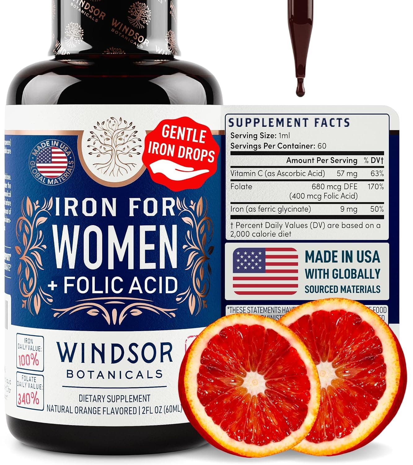 Liquid Iron Supplement for Women - Windsor Botanicals Folic Acid, Vitamin C, Iron Supplement for Anemia, Menstruation and Pregnancy Support - Vegan, Gluten-Free, Non-GMO, Orange Flavor - 30 Days, 2oz