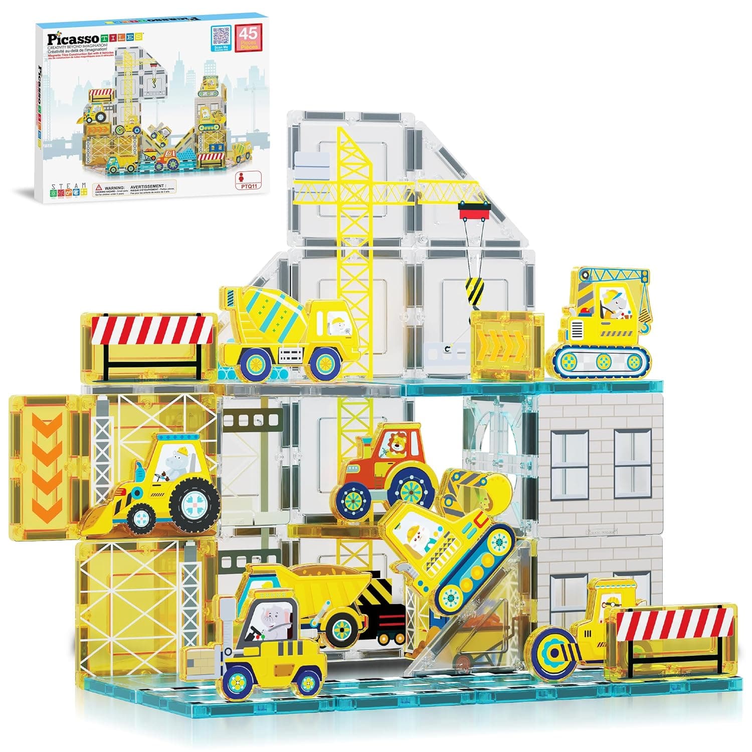 PicassoTiles Magnet Tile Building Block Set with 8 Construction Vehicles Crank Truck, Excavator, Bullsdozer, Road Roller, Concrete Mixer, Tractor, Dump Truck, & Forklift Magnetic Toy Kid Ages 3+ PTQ11