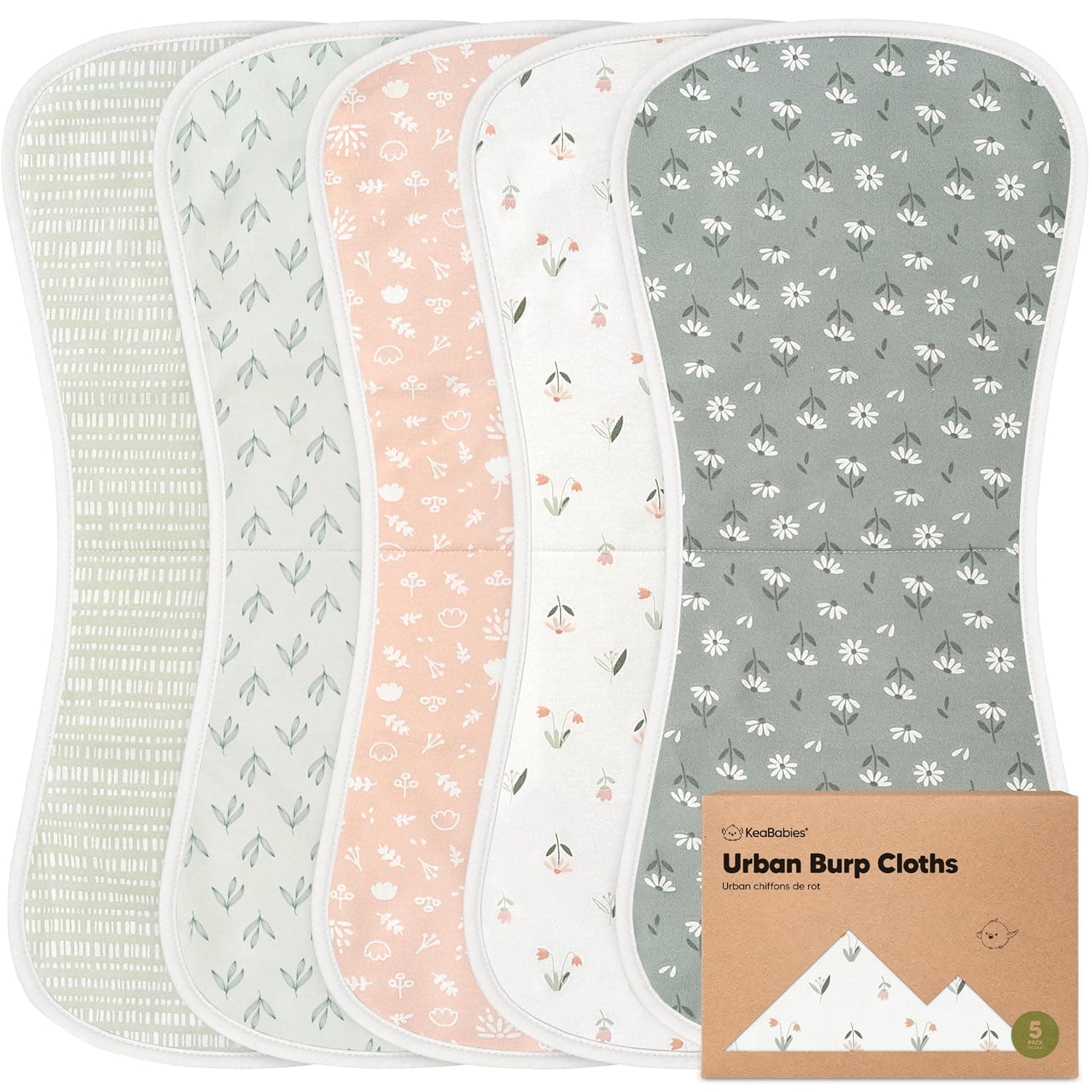 KeaBabies Organic Burp Cloths Baby Boys & Girls - Pack of 5 Super Absorbent Cotton Burp Cloths for Babies, Soft & Plush Newborn Muslin Cloths for Milk Spit, 53 cm x 25 cm (Fleur)