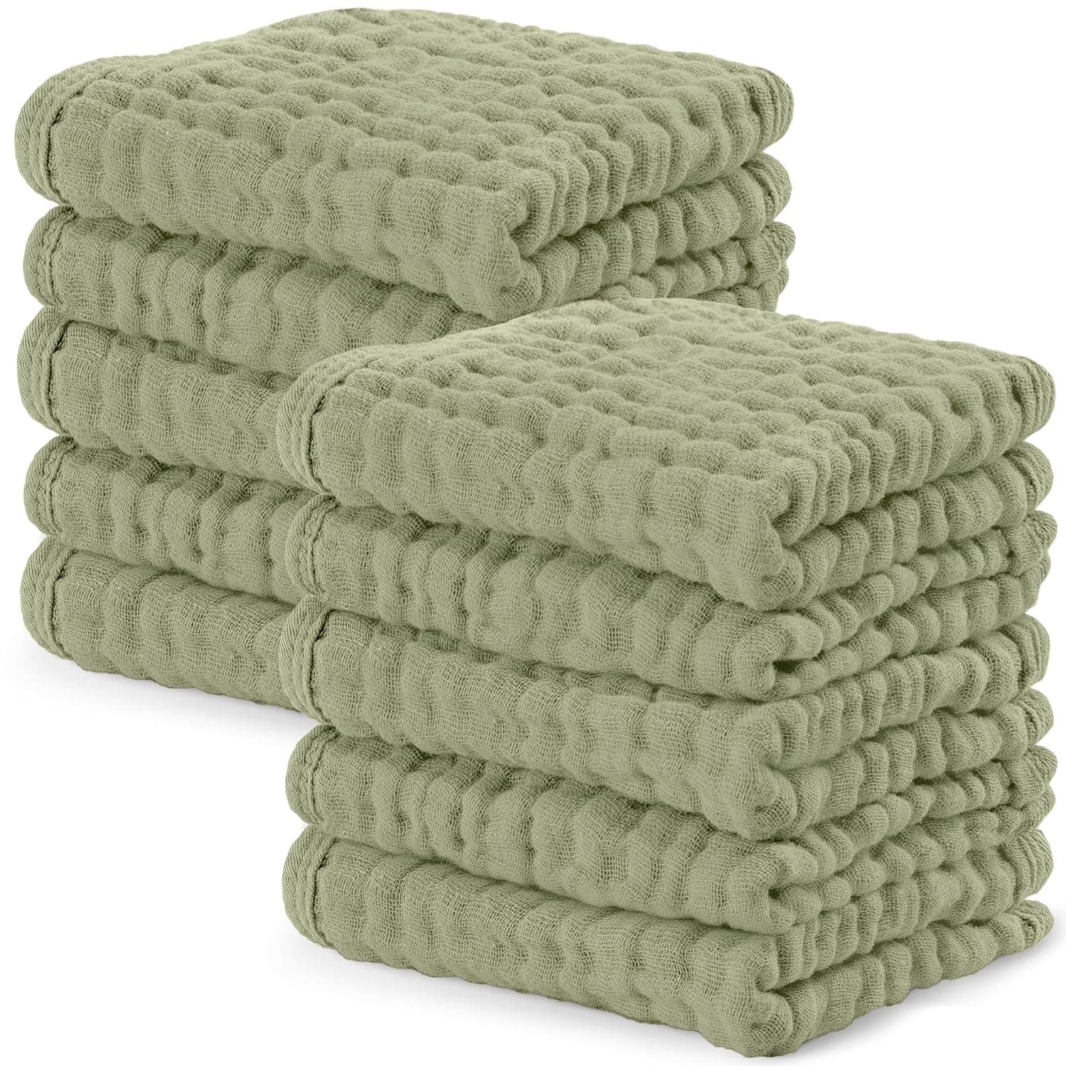 Baby Washcloths, Muslin Cotton Baby Towels, Large 10”x10” Wash Cloths Soft on Sensitive Skin, Absorbent for Boys & Girls, Newborn Baby & Toddlers Essentials Shower Registry (Sage, Pack of 10) | Soft 6-Layer 100% Muslin Cotton Wash Cloths for Baby - Gentle Absorbent Baby Wash Cloths for Newborns and Toddlers