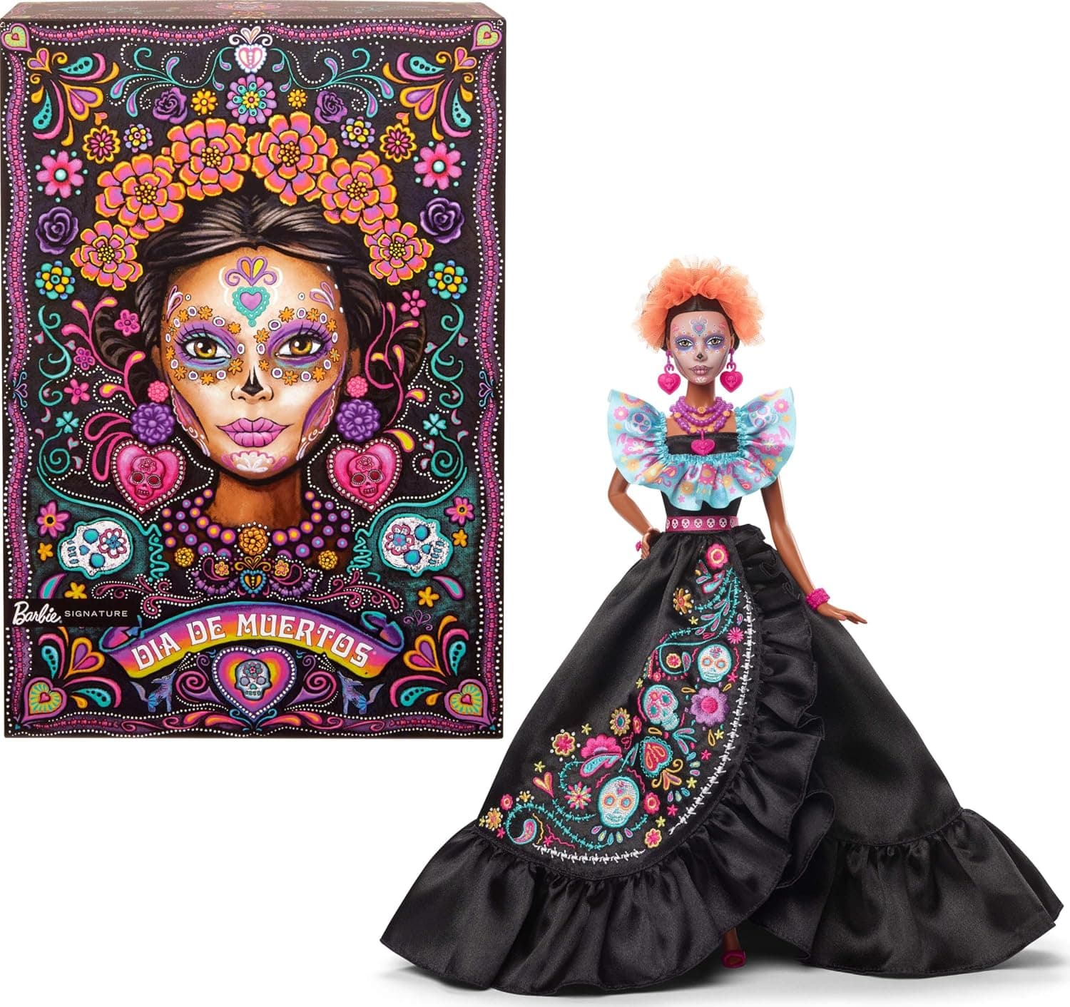 Barbie Signature Doll, 2024 Día De Muertos Collectable Figure with Black Dress with Blue Ruffle Top, Embroidery Print and Colourful Accessories, HRM72