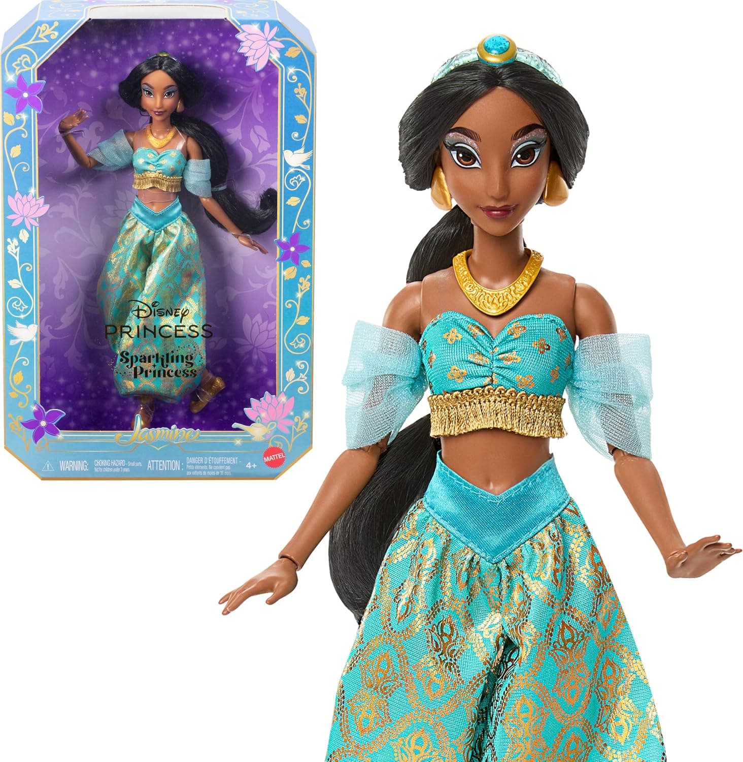 Mattel Disney Princess Glitter Princess Jasmine Fashion Doll with Accessories, with Removable Outfit, Removable Shoes, Removable Necklace and Removable Earrings, Movie Inspired JMP63