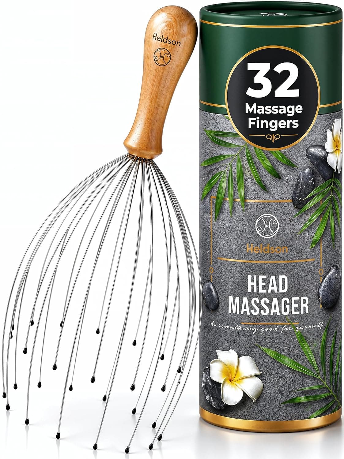 HELDSON® Premium Head Massage Spider 28 Fingers - FSC®100% - Head Massager - Head Massager - Head Massage & Hair Massage - Scalp Massager - Head Scratcher - Wellness Gift | Dermatest "excellent", 32 flexible stainless steel fingers, manual head spa tool, tingling scalp & neck relaxation