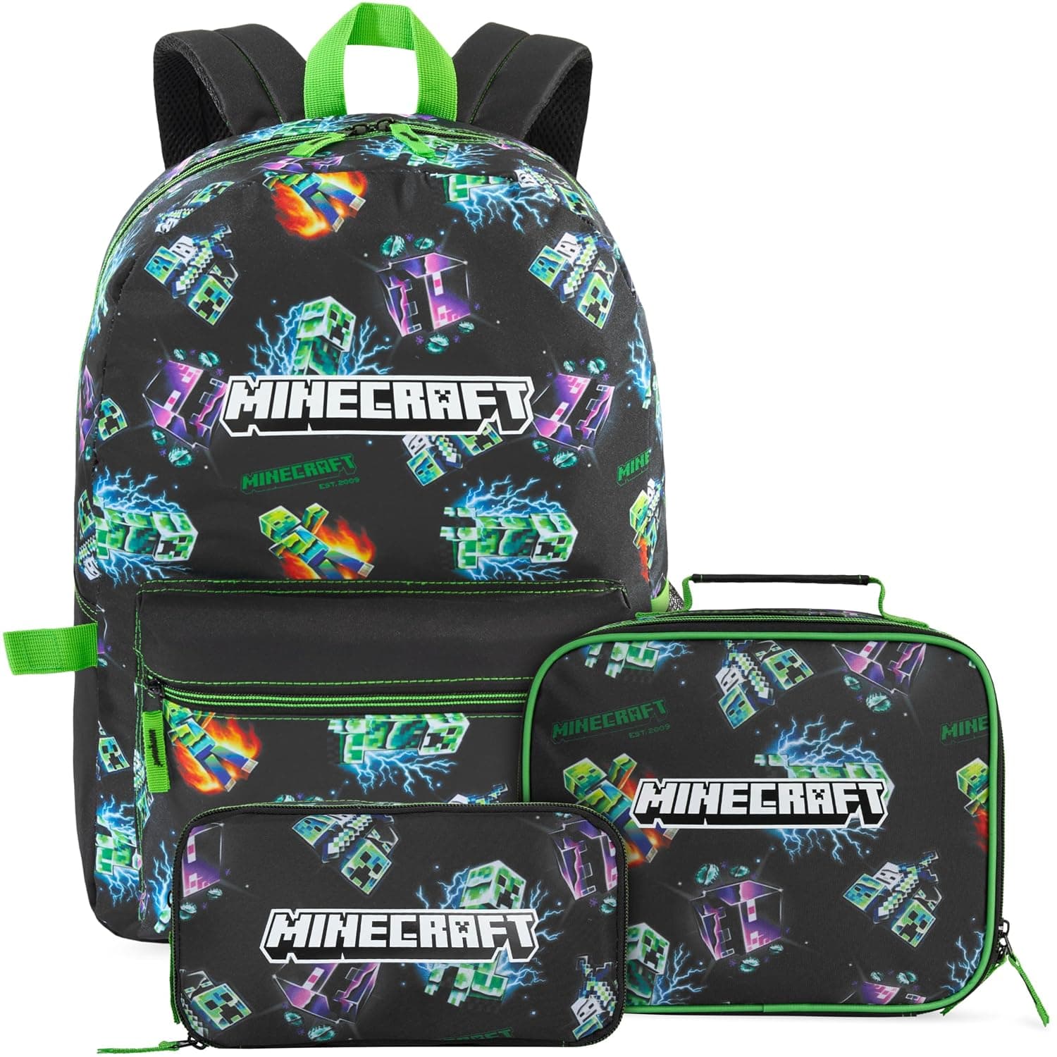 Get Trend Minecraft Boys Large 46cm Backpack Set of 3 or 5 Piece, Multi Creeper, 3-Piece Set, 3-Piece Backpack Set