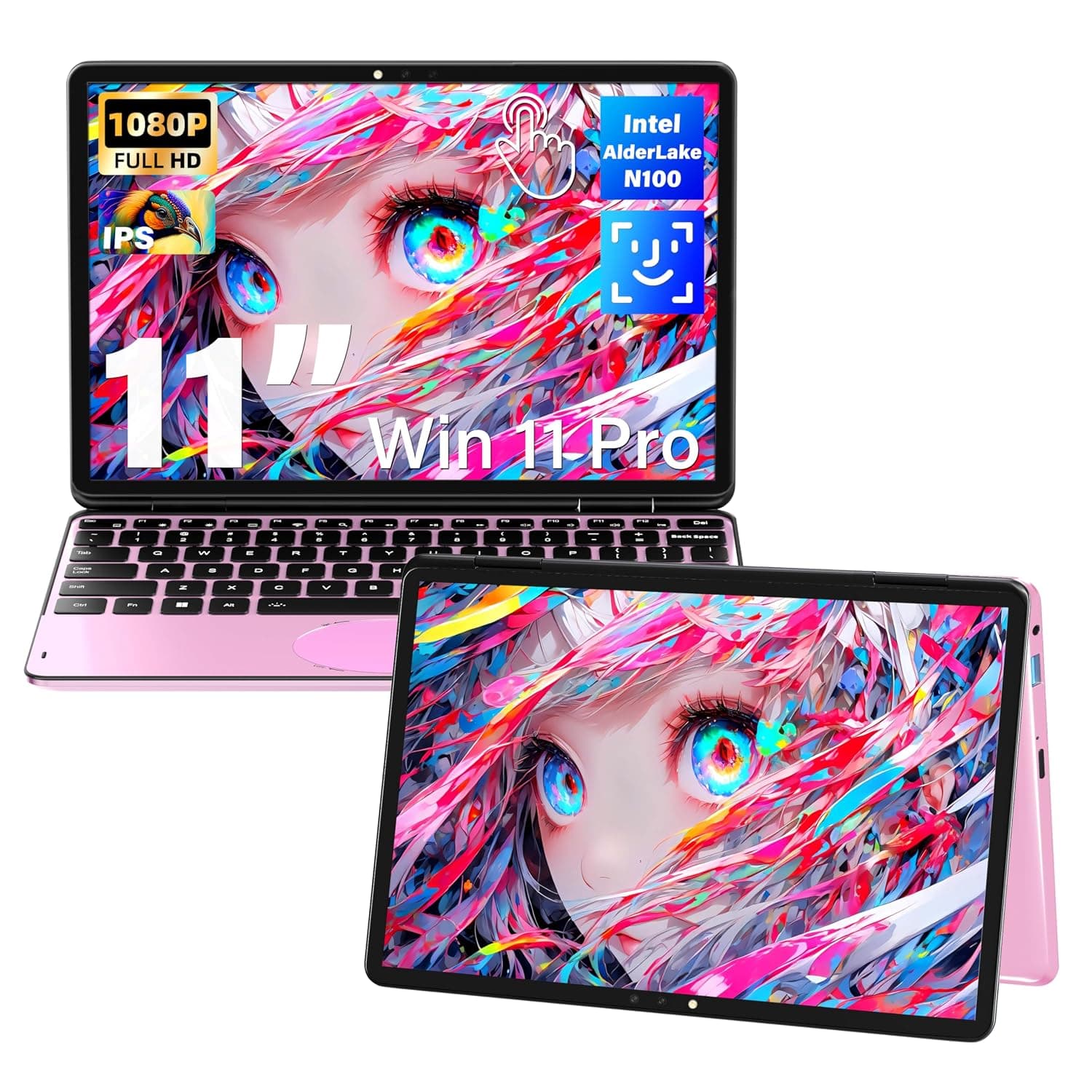 11" Touchscreen 2-in-1 Convertible Pink Laptop for Business&Students, in tel N100 CPU,16G DDR4 RAM,512G SSD,FHD 1920 * 1200 IPS,Win 11 Pro,Backlit Keyboard, WiFi, Type-C,HDMI, Oval Trackpad