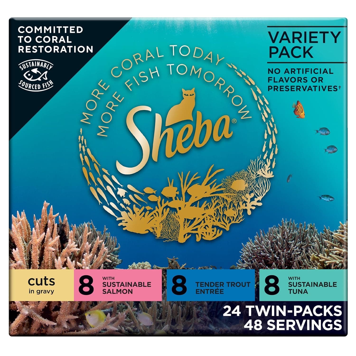 Sheba Perfect Portions Cuts in Gravy Wet Cat Food Trays (24 Count, 48 Servings), Salmon, Trout, and Sustainable Tuna Entrée Variety Pack, Easy Peel Twin-Pack Trays | Sustainable salmon & tuna with tender trout, succulent cuts in gravy, no corn or soy, snap-peel-serve twin pack trays