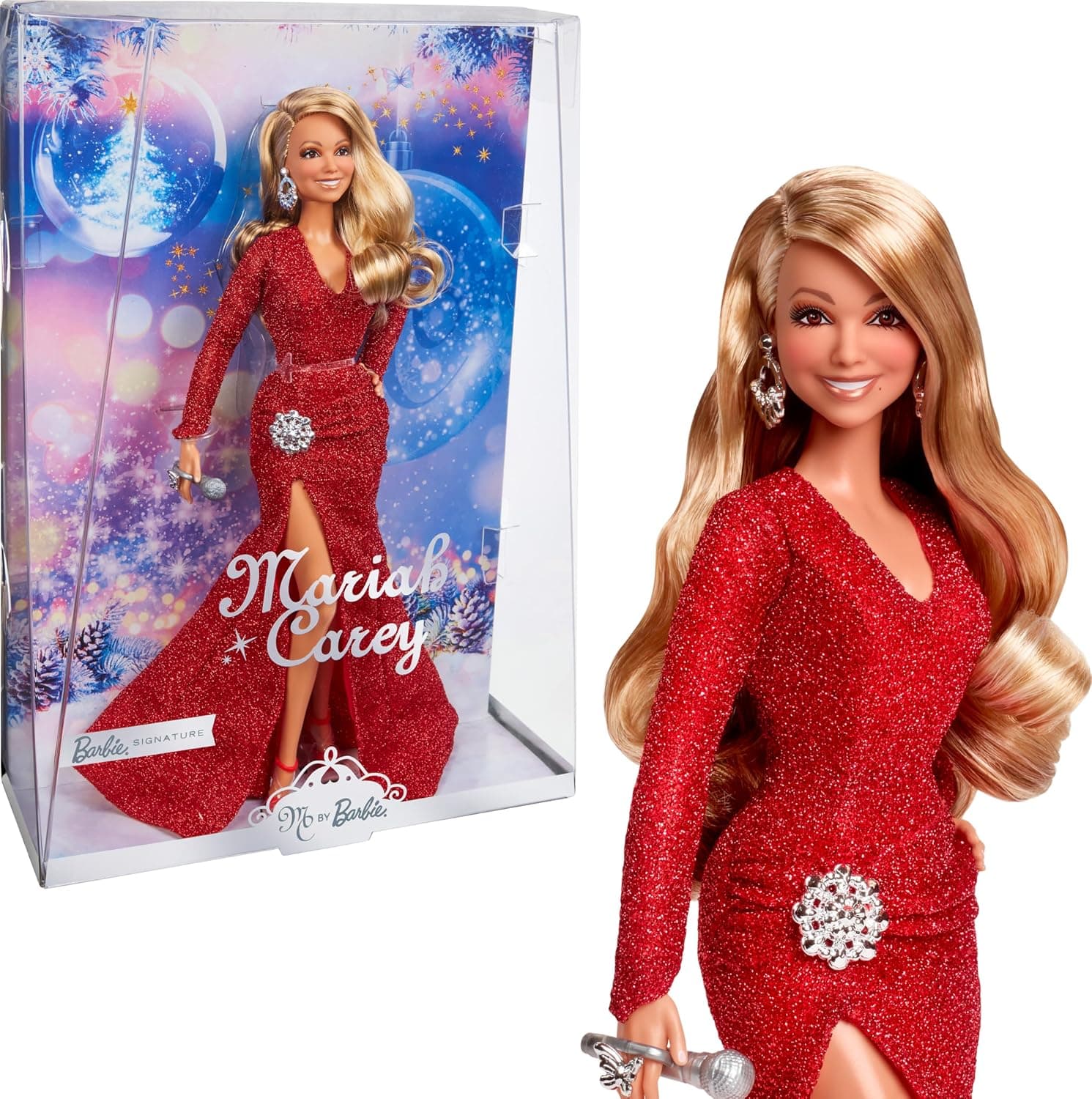 Barbie Mariah Carey Doll, Holiday Celebration Collectible, Glittery Red Gown with Silver Accessories