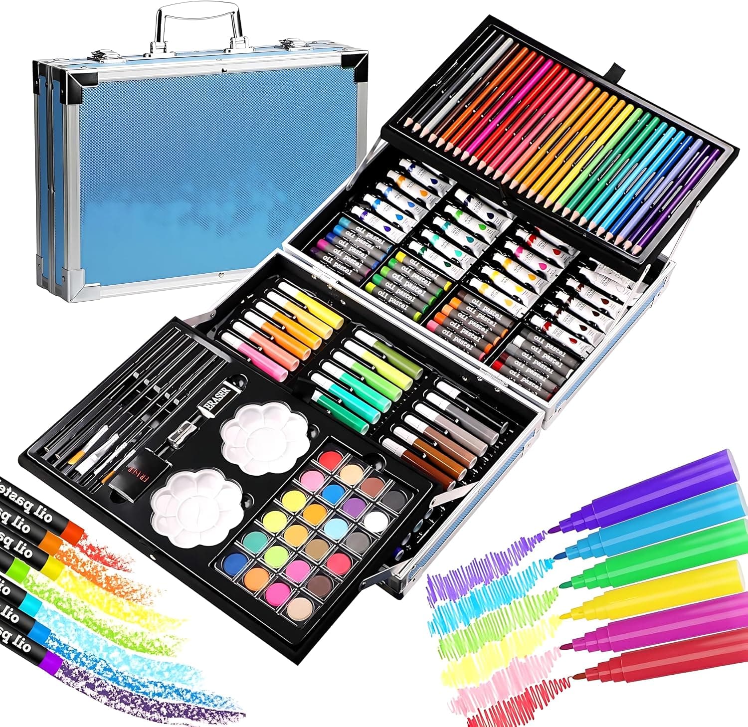Deluxe Art Set, 145-Piece, 2 Layers, Kids Art Supplies, Aluminium Case, Blue | Colored Pencils | Arts and Crafts | Painting Brush | Art Set | Drawing Pencils | Sketching Pencils | Drawing Tools