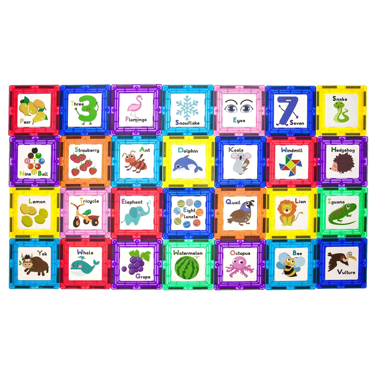 PicassoTiles 56 Piece Magnetic Building Blocks with 28pc Tiles and 28pc Educational Artwork Graphic Click-in Inserts Magnet Construction Toy Set STEM Learning Kit Playset Child Brain Development PT56