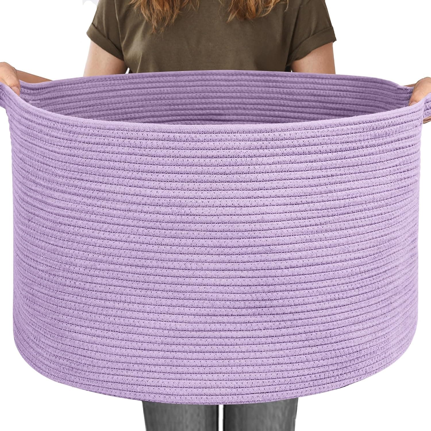 MEGASKET 115L Extra Large Purple Storage Basket, 23.6" X 15.7" Jumbo Woven Cotton Rope Bin for Throw Blankets Pillows, Baby Laundry Basket, Dirty Clothes Organizer, Big Storage Box for Toys, Towels