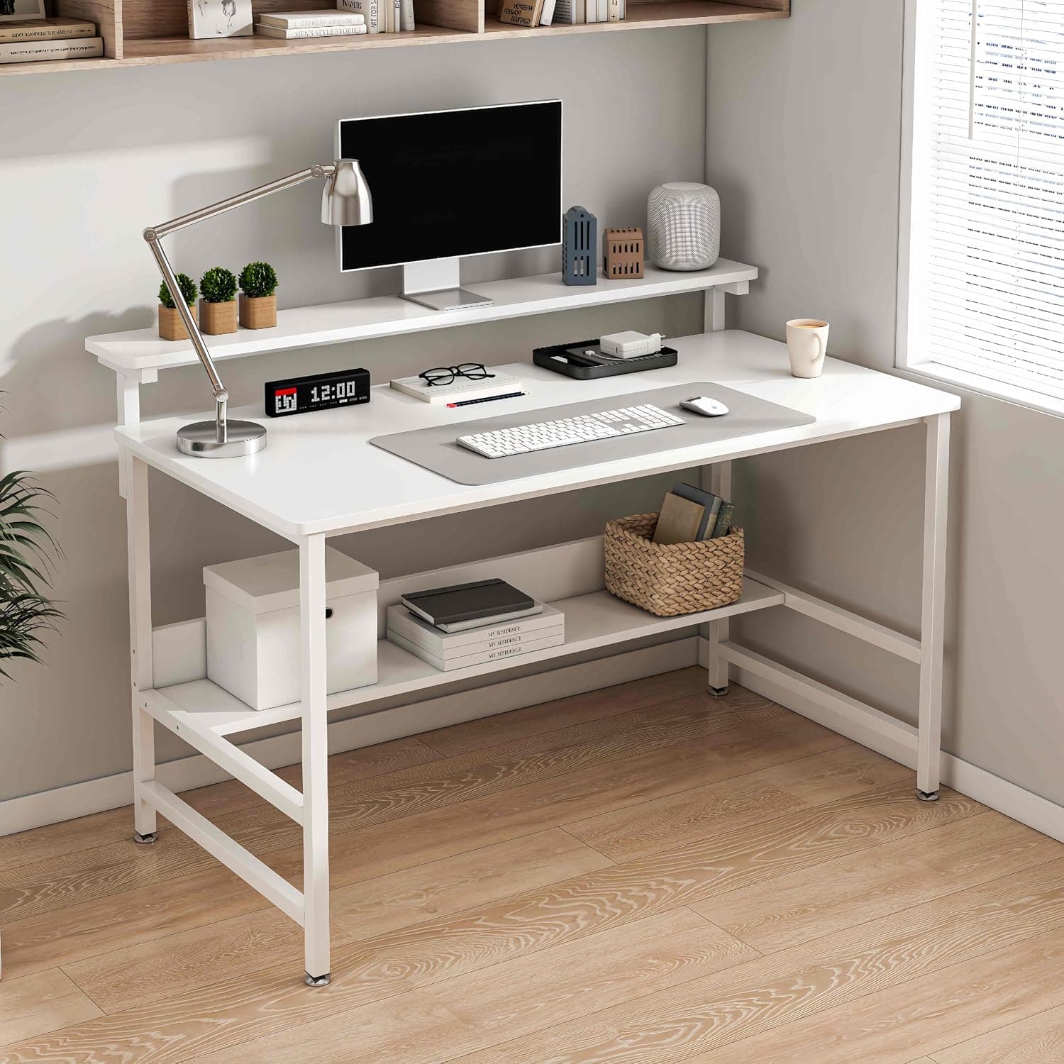 JOYSEUS Computer Desk with Monitor Stand & Bookshelf, Gaming Office Desk with 3-Level Height Adjustable Monitor Rack, Sturdy Writing Table with Under-Desk Storage & Textured Desktop (white)
