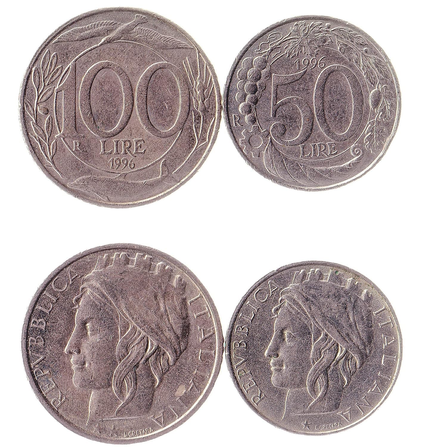 2 Coins from Italy | Italian Coin Set Collection 50 100 Lire | Circulated 1993-2001 | Laurel Branch | Bird | Dolphin | Star | Crown | Oak Branch | Grapes | Wheat Stalk | Cornucopia | Olive Branch
