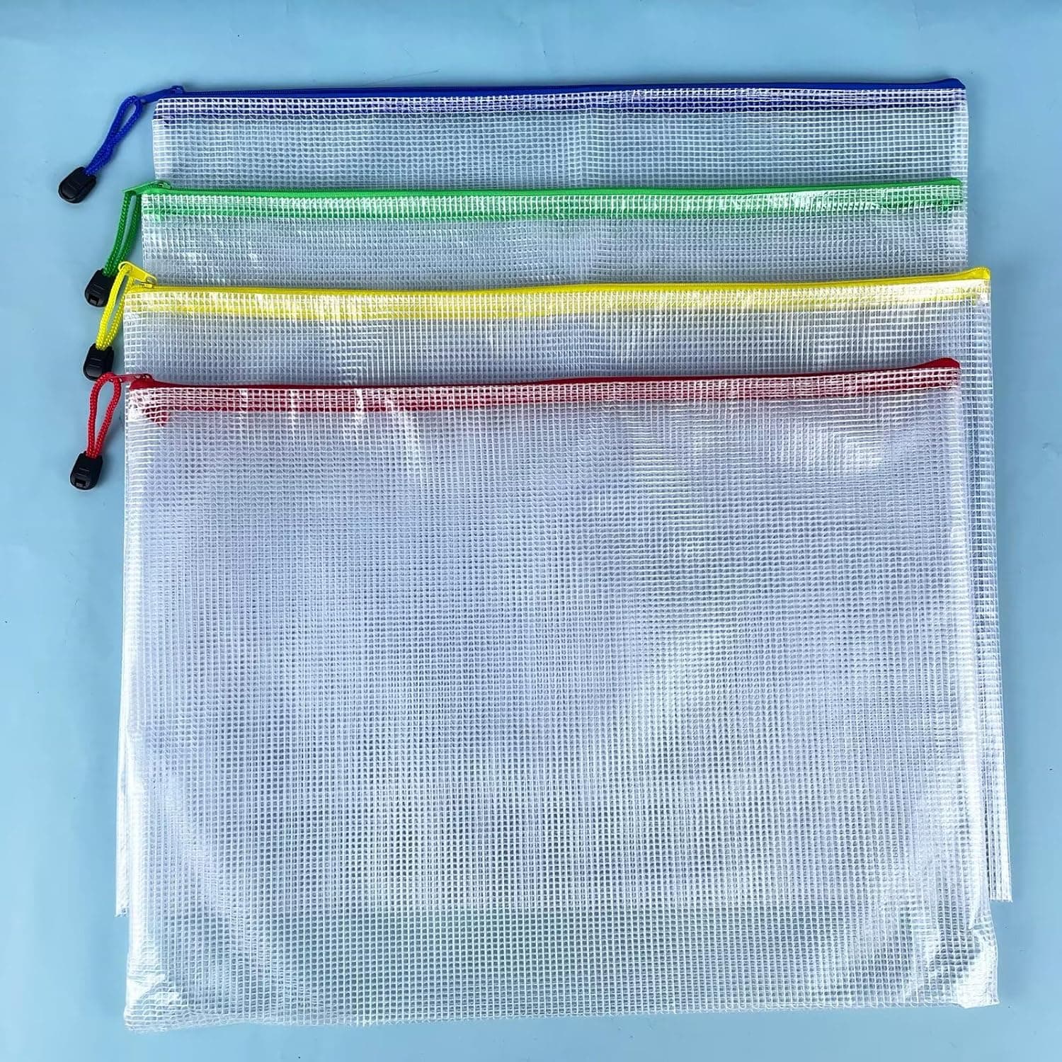 4 PCS Mesh Zipper Bags A3 Colorful Plastic Zipper File Bags for Office School Travel Home Supplies Storage